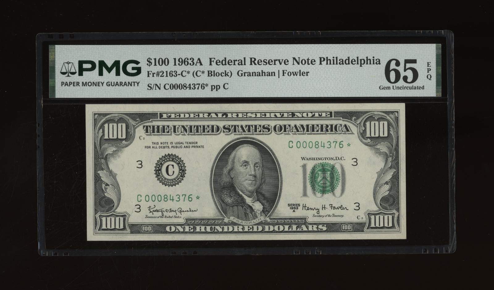 DBR 1963-A $100 FRN Philadelphia STAR Gem Fr. 2163-C* PMG 65 EPQ Ser# C00084376*