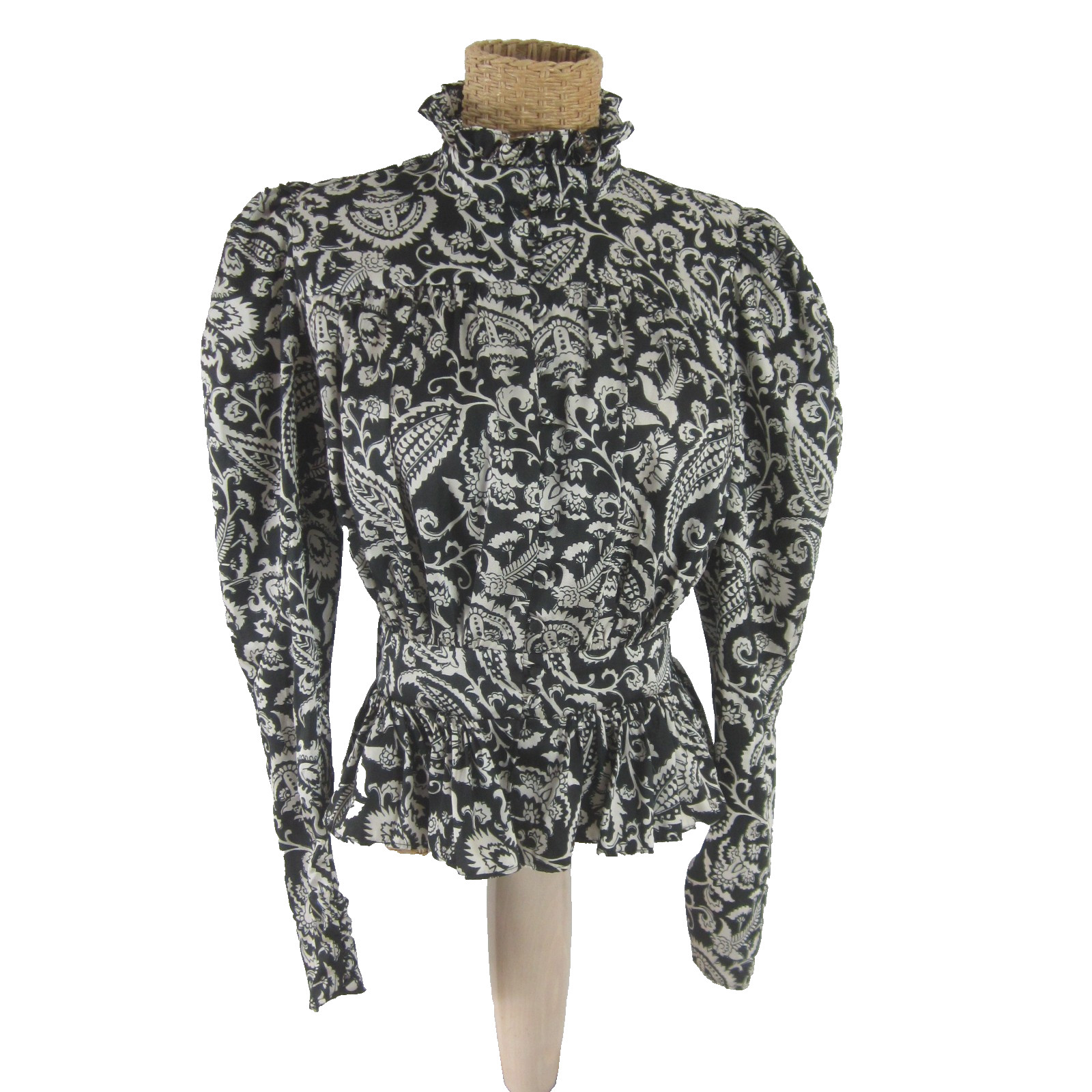 New TopShop Womens 4 Black Ivory Paisley Ruffle Neck LS Blouse Shirt NWT $75