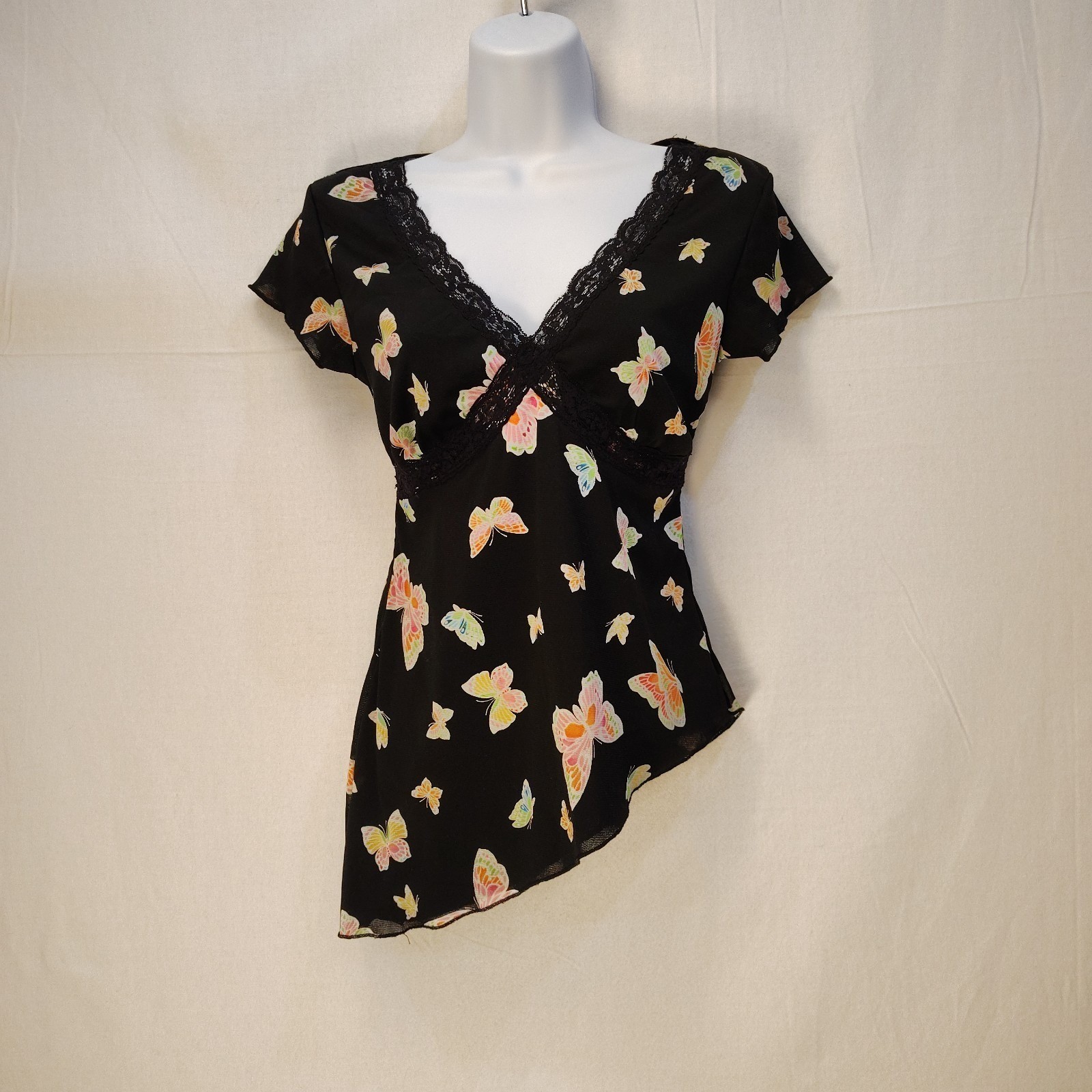 Vtg 90s Y2K Self Esteem Dark Butterfly Top S Asymmetric Hem Lace Trim Fairycore