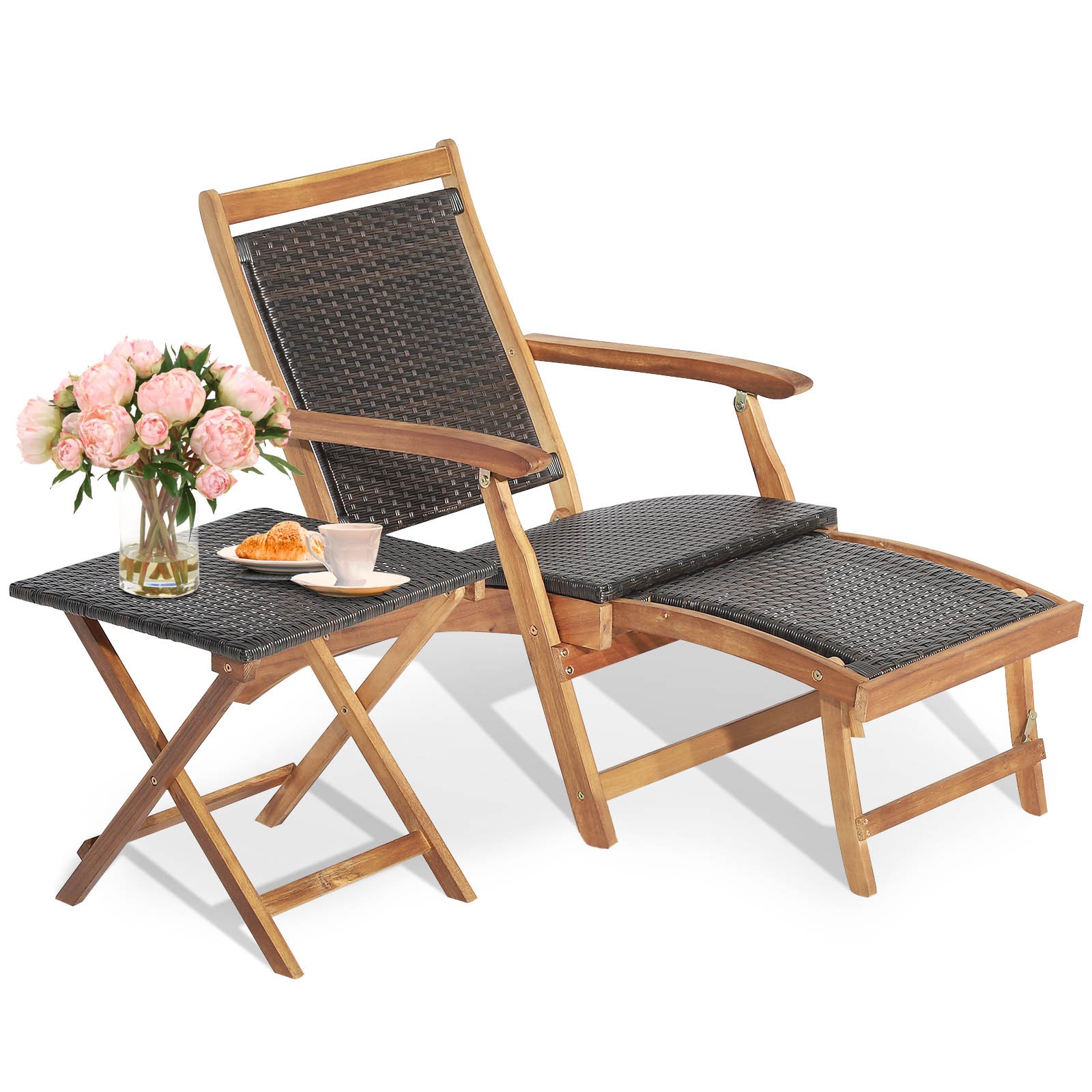 2PCS Patio Rattan Folding Lounge Chair Table Acacia Wood W/Retractable Footrest