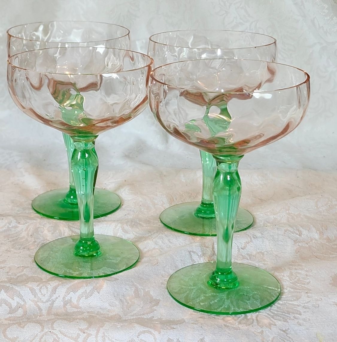 Vintage Tiffin Watermelon Champagne Coupes Pink Optic Bowls Green Ura