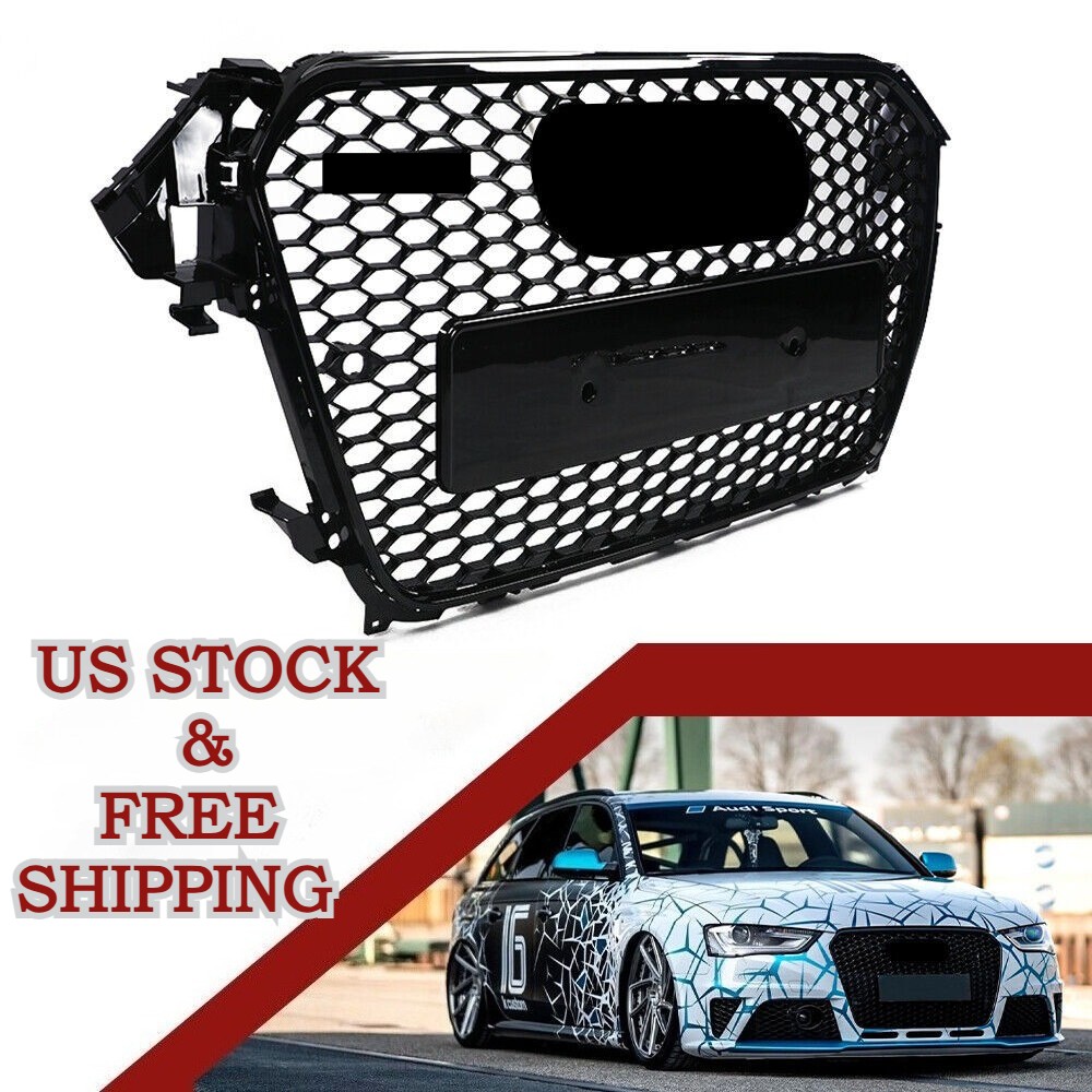 RS4 Style Front Grille for Audi A4 S4 B8.5 2013-2016 Honeycomb Mesh Gloss Black