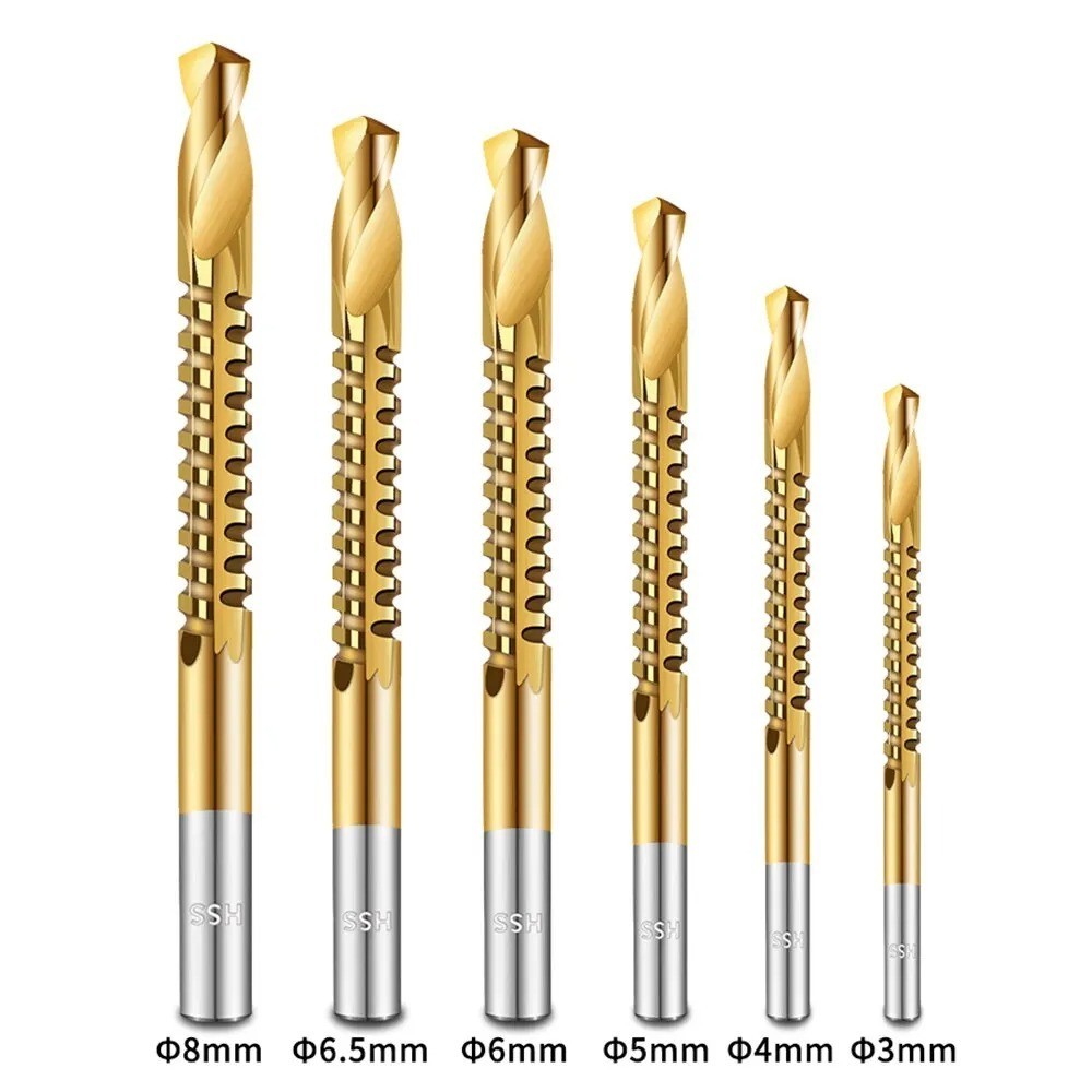 6 Pack Titanium Coated HSS Twist Drill Bits, 3-8Mm Serrated Side Cutting Drill
