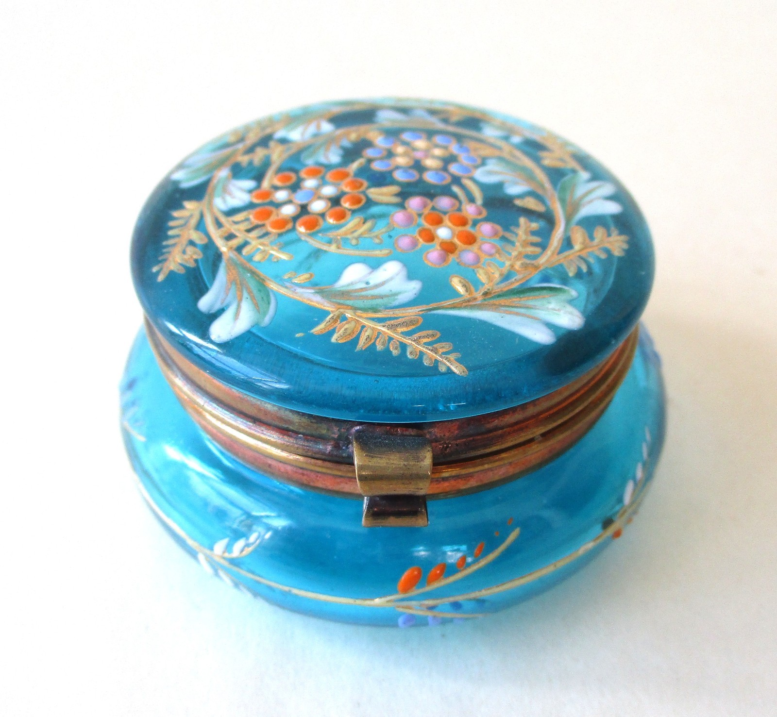 Antique Blue Glass FRENCH PILL BOX Aqua Turquoise Enamel Flowers