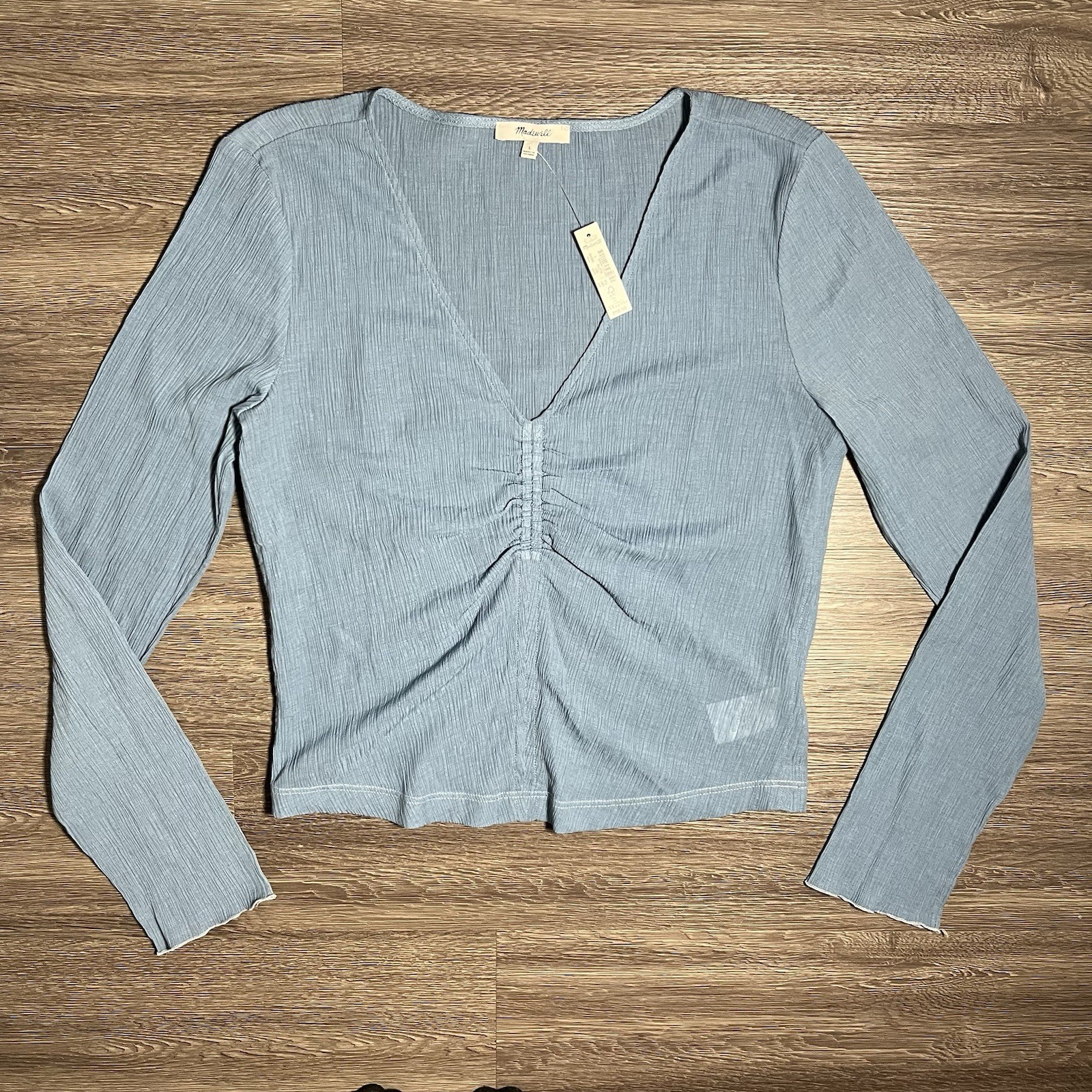 Madewell Semi-Sheer Shirred V-Neck Top Women\'s L Tranquil Lake Blue NM646 NWT