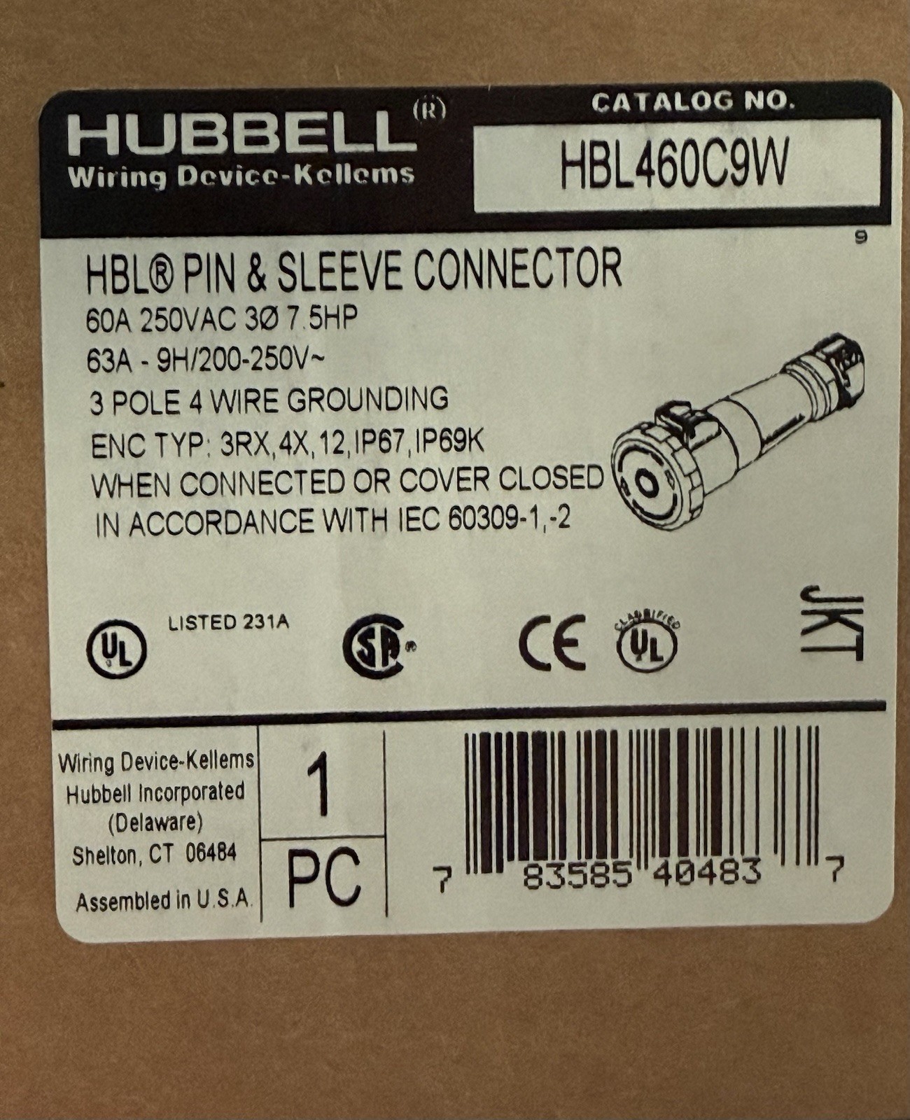 Hubbell HBL460C9W Female Pin and Sleeve Connector (New) Hubbell HBL460C9W Female Pin and Sleeve Connector (New)