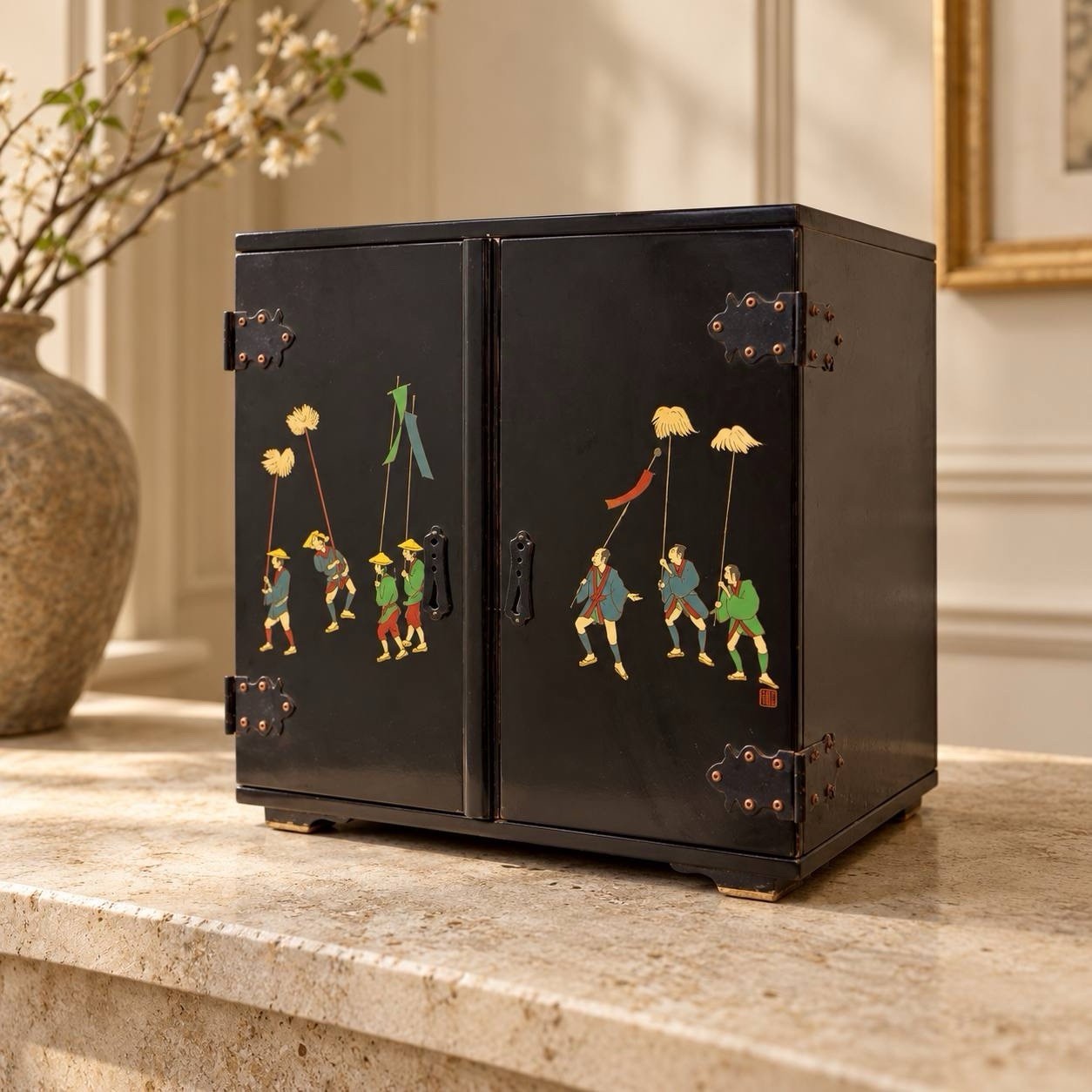 Vintage Japanese Lacquer Jewelry Cabinet Daimyo Procession 4 Drawers Tansu Box
