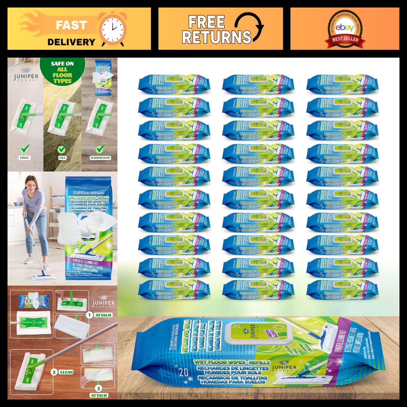 Multi-Surface Floor Cleaner Wet Wipes, Plant-Based Mop Pads, Fresh Scent, 20 Cou