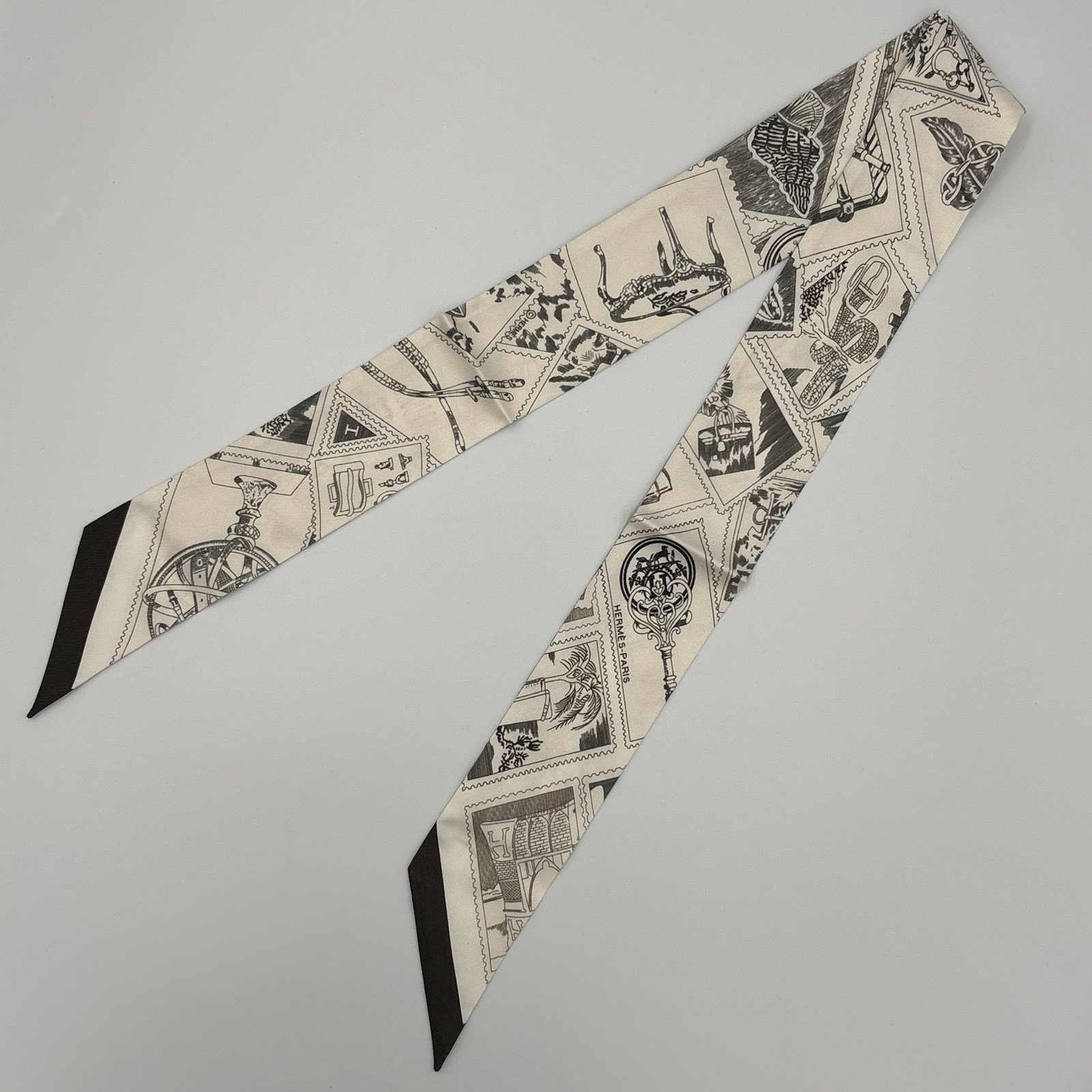 Hermès Le Philateliste du Faubourg Twilly Scarf Cream Black Stamp Print Silk