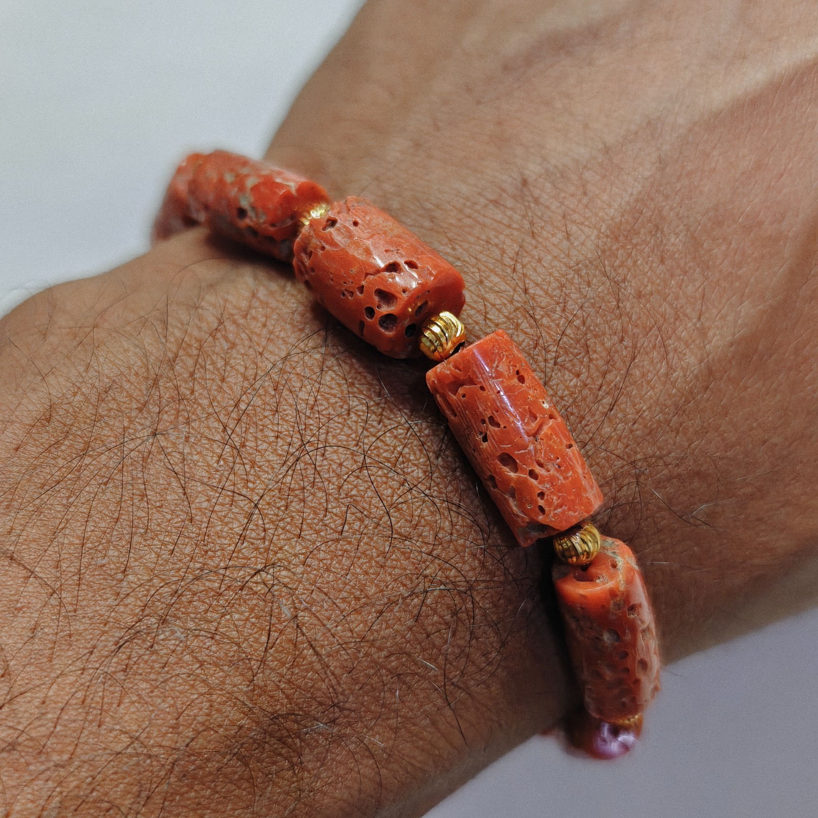 Vintage Natural Italy Coral Tube Beads Stretch Brass Bracelet Handmade Gemstone