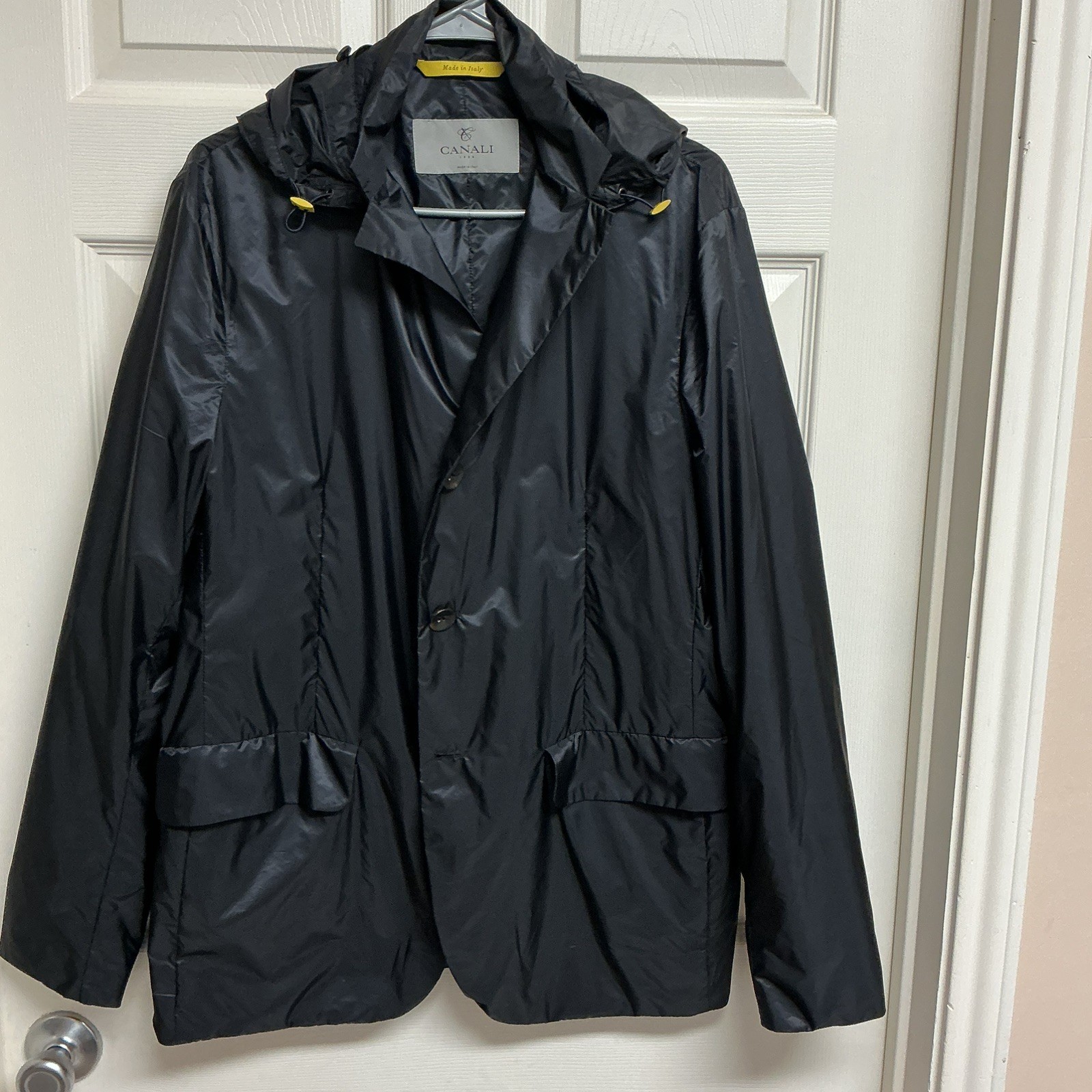 New Canali Italy Men’s Sz IT 50 Rain /Wind Black Hooded Packable Blazer Jacket
