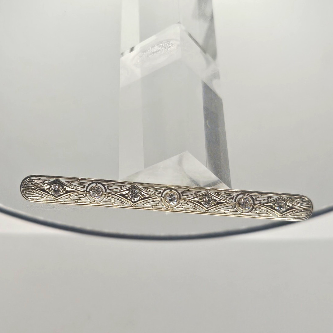Vintage 18K White Gold Filigree Bar Brooch Pin 0.60ctw Diamond 70mm