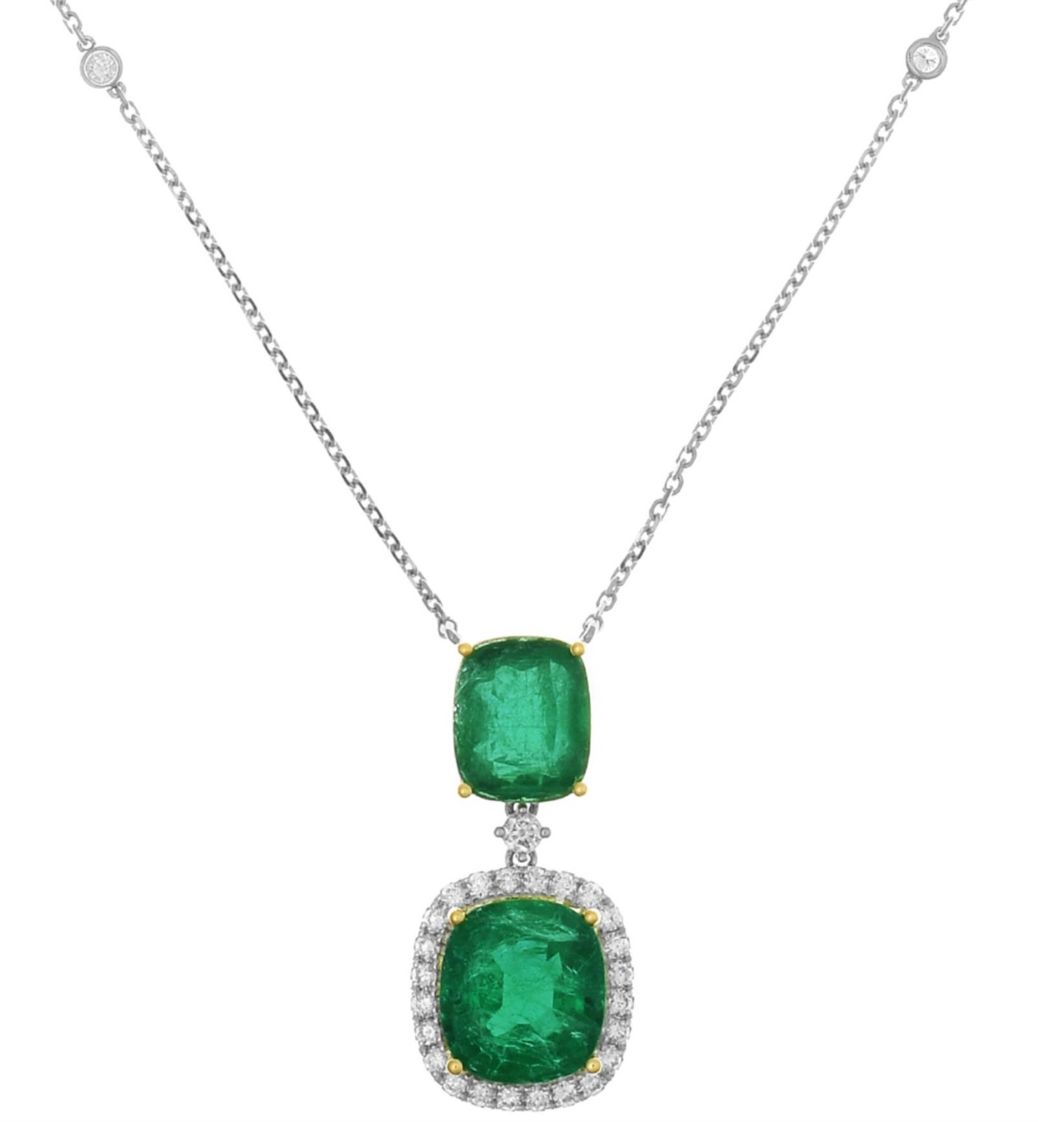 LARGE 7.57CT DIAMOND & AAA EMERALD 18K 2 TONE GOLD CUSHION & ROUND LOVE NECKLACE