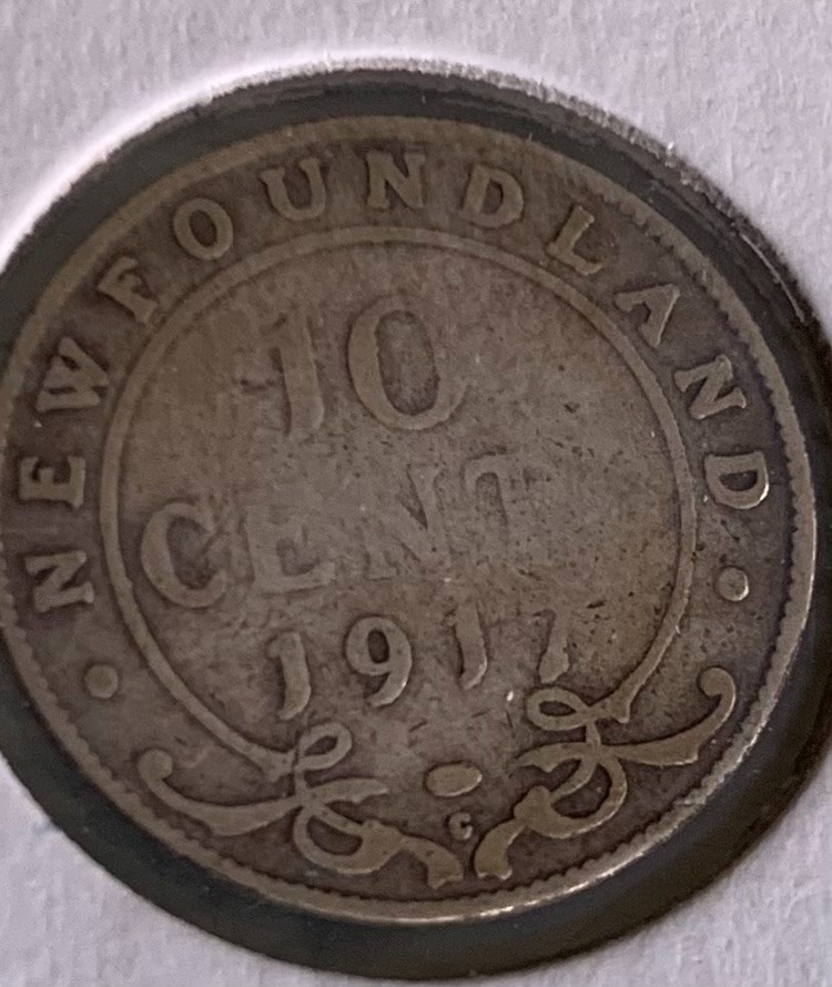 1917-C Newfoundland 10 Cents Silver Coin King George V Before Joining Canada