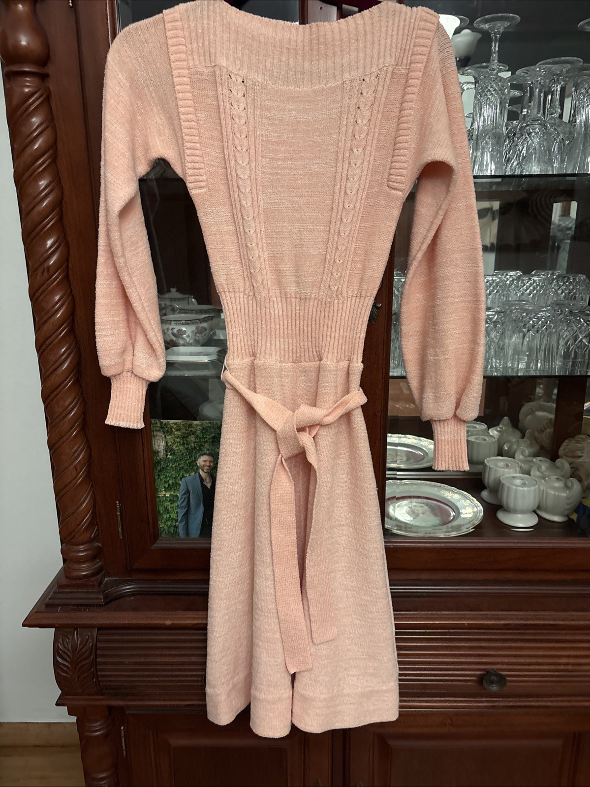 Vintage 60’s Sweater Dress Pink Size Small With Belt Zip Up Back Blouson Sleeves