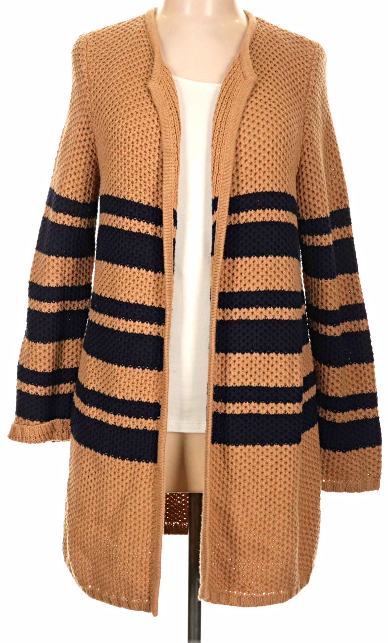 Talbots Women\'s Petite 2XP Camel Navy Striped Knit Open Front Cardigan Sweater