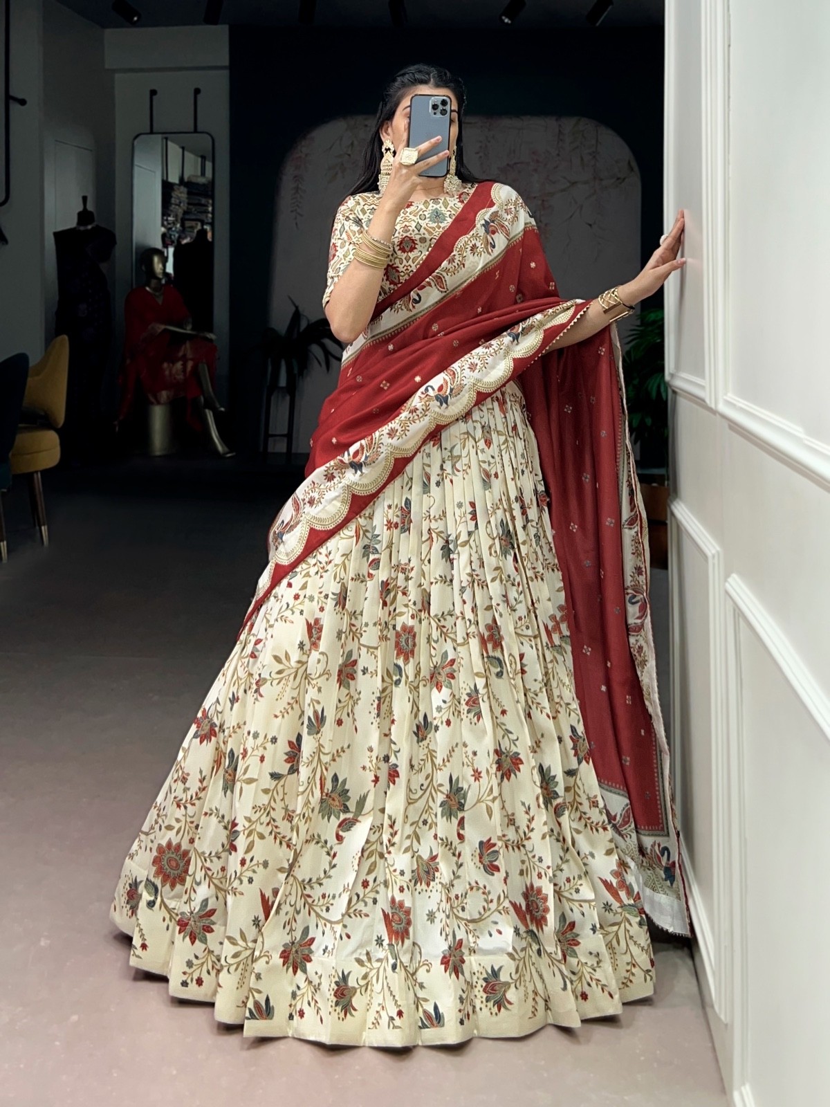 Premium Lehnga Choli Bridesmaid Soft tasar silk drape with radiant foil motifs