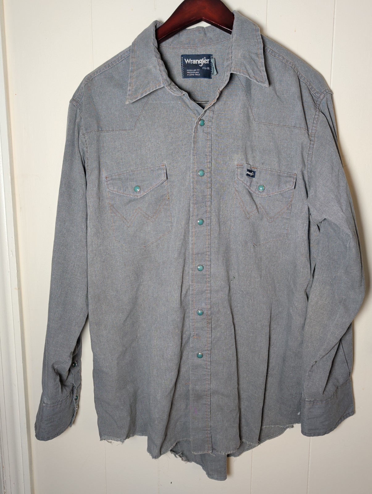 1980\'s Distressed Wrangler LS Medium Blue Western Shirt (L) Button Up Vintage