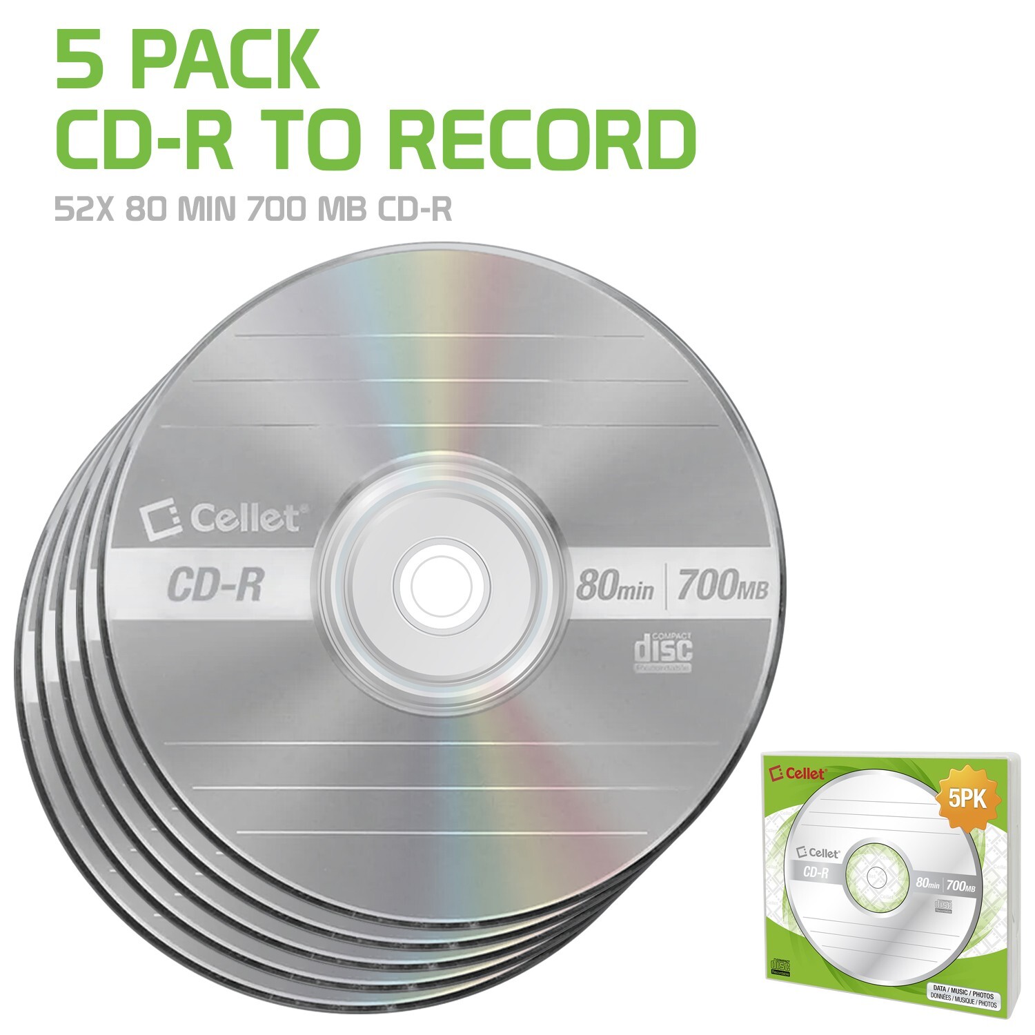 Cellet CD-R 5-Pack – 700MB 80-Minute Blank Discs, 52X Speed for Data, & Music