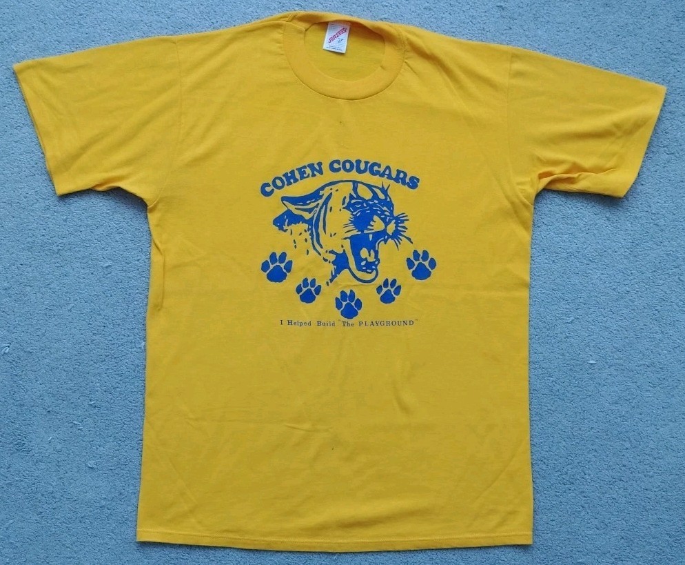 Vtg Yellow Mens L Jerzees USA Tee Upstate NY Cougar Pit 20.5 Length 28 Stains Vtg Yellow Mens L Jerzees USA Tee Upstate NY Cougar Pit 20.5 Length 28 Stains