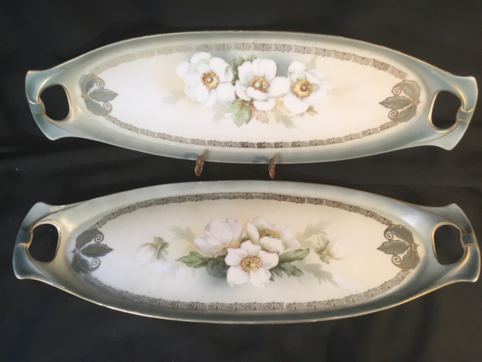 RS Prussia Pair of Matching Long Handled Dresser Trays c.1904-1910 Well Marked RS Prussia Pair of Matching Long Handled Dresser Trays c.1904-1910 Well Marked