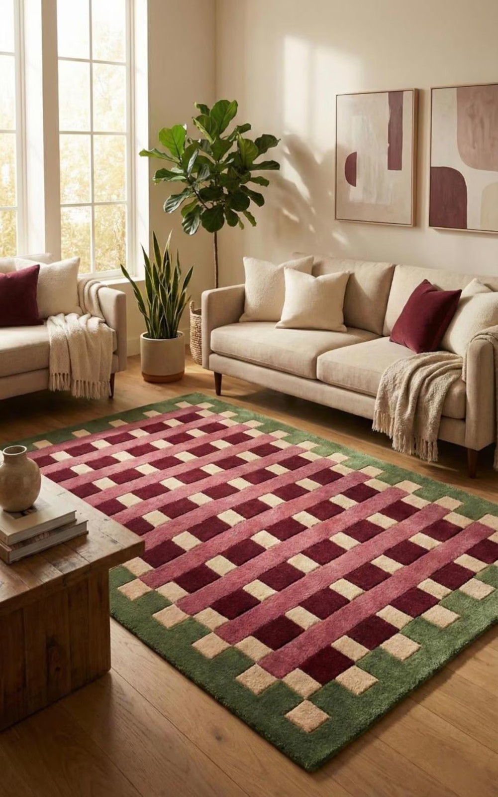 Hand Tufted Wool Rug, Geometric Modern Area Carpet, Burgundy Pink Green Carpet