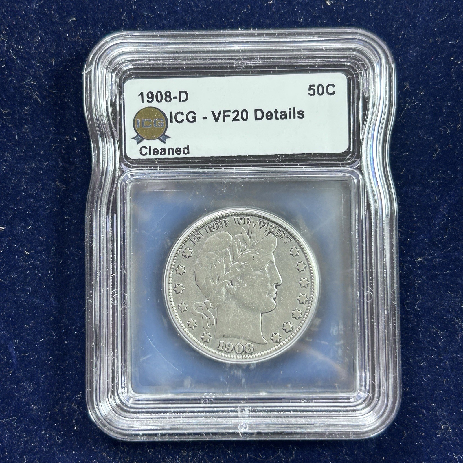 1908-D ICG-VF20 Details Cleaned, Barber Half Dollar 50C 1908-D ICG-VF20 Details Cleaned, Barber Half Dollar 50C