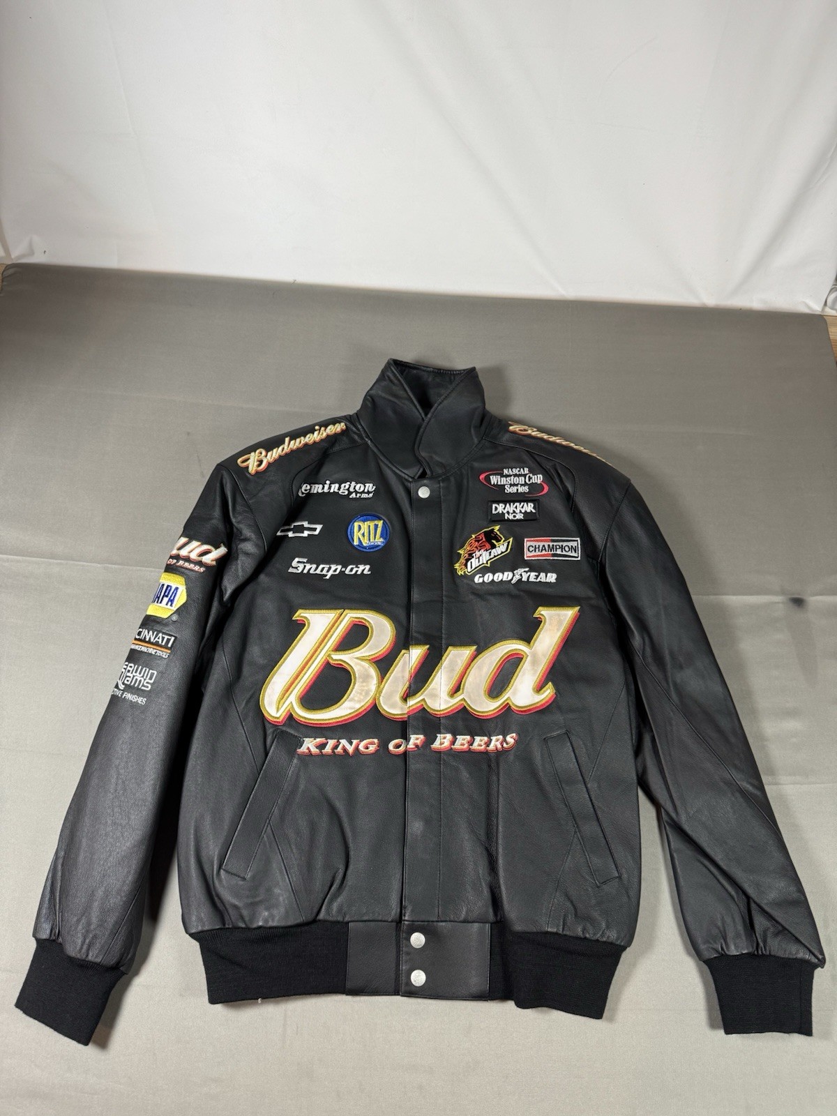 NWT Vintage Jeff Hamilton Dale Earnhardt JR Black Leather BUD Nascar Jacket Sz M NWT Vintage Jeff Hamilton Dale Earnhardt JR Black Leather BUD Nascar Jacket Sz M