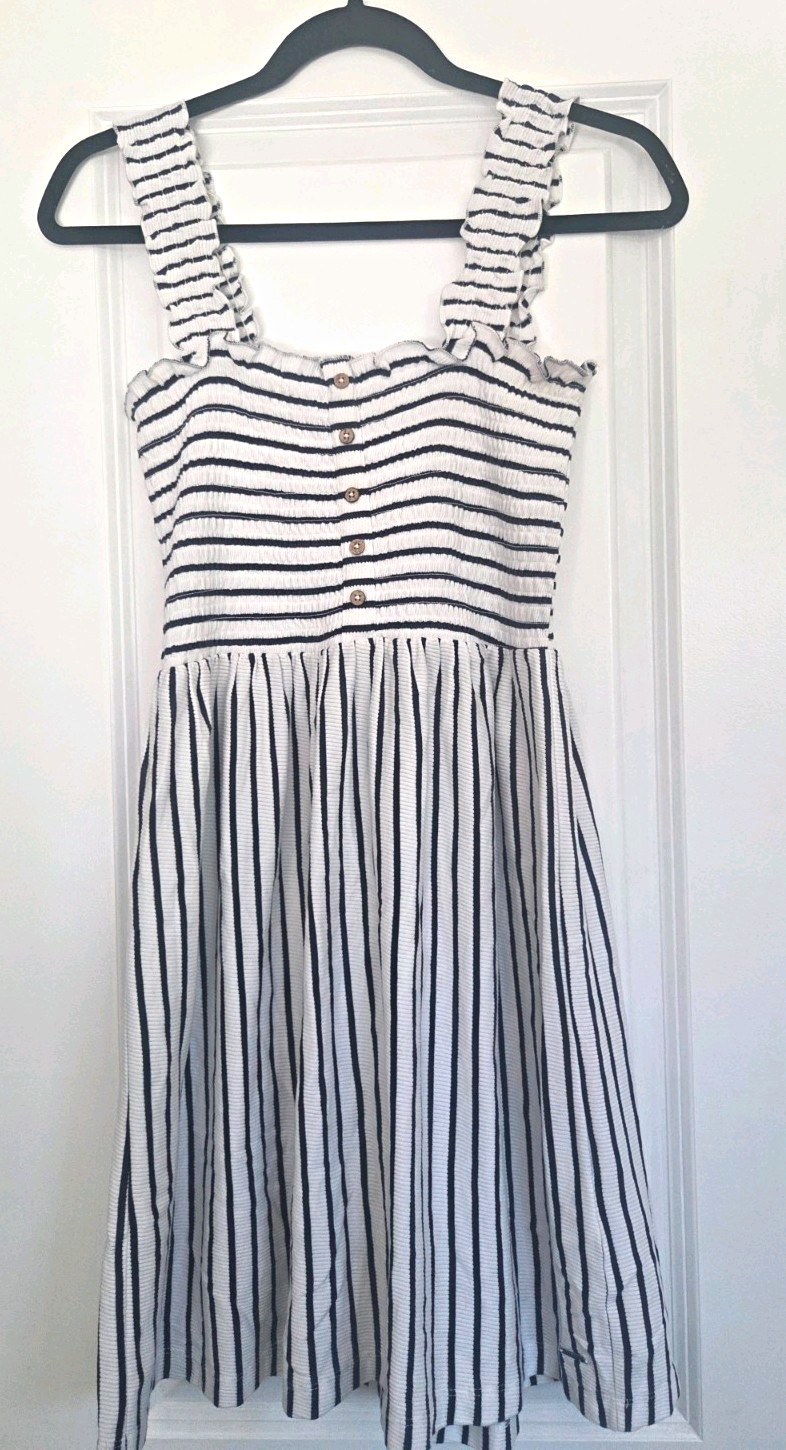Roxy white/blue striped square neck with ruffles short, size medium.