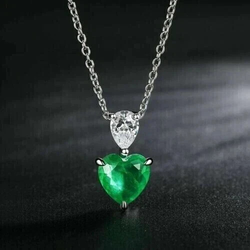 Natural Emerald 3.30Ct Heart Cut Women's Heart Pendant 14K White Gold Plated