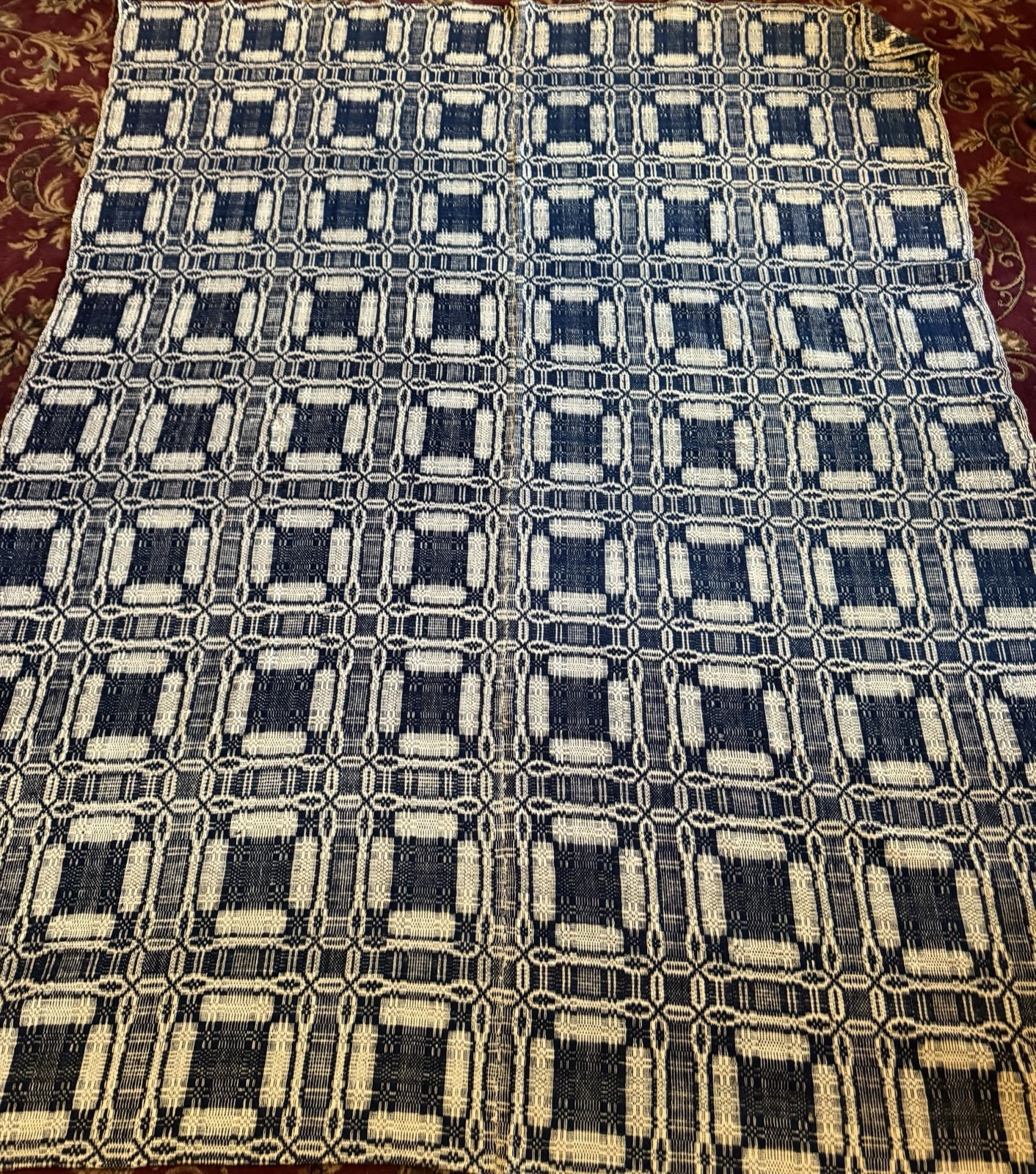 Antique 1800\'s hand-woven Jacquard Coverlet Textile 95 X 80 REVERSIBLE Antique 1800\'s hand-woven Jacquard Coverlet Textile 95 X 80 REVERSIBLE
