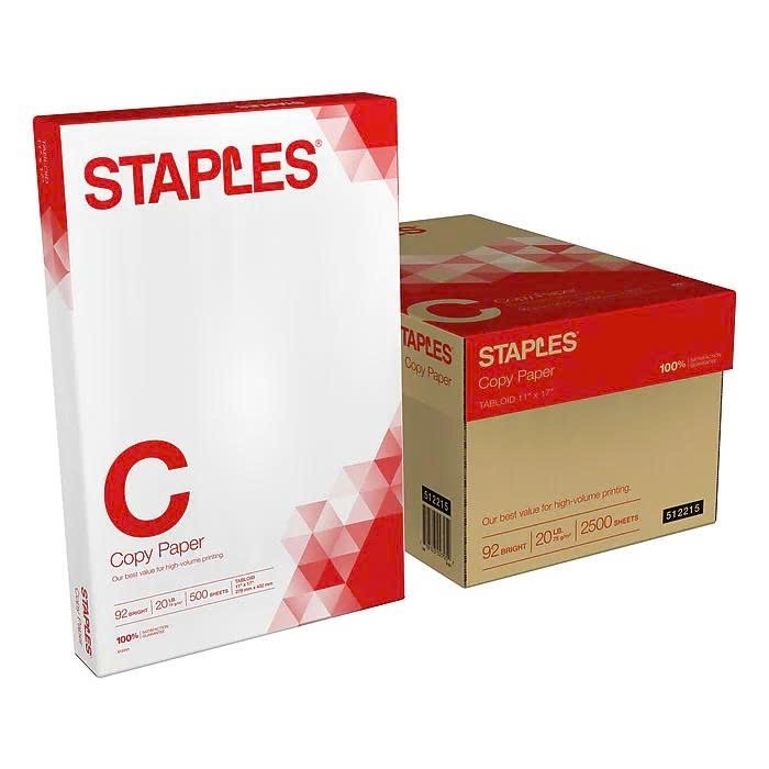 Staples Copy Paper 11x17 Tabloid, White, 20 lb, 2500 Sheets/Ream,5 Reams