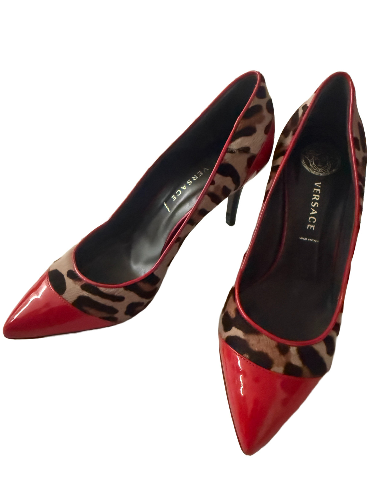 Versace Red Patent Leather Leopard Print High Heels Pumps Shoes Vintage 37 Italy