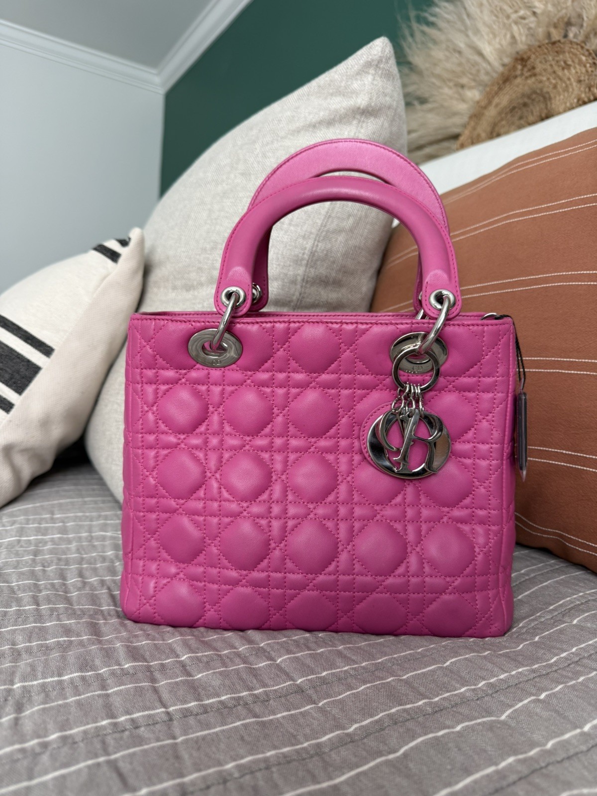 Christian Dior Medium Lady Dior Hot Pink Fuchsia Lambskin Silver Hardware COA