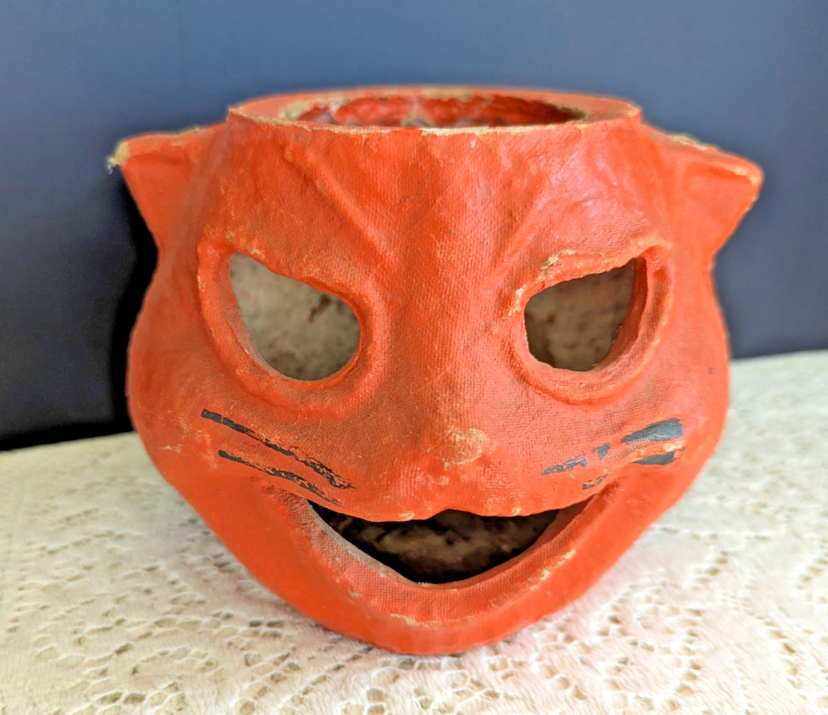 Antique Paper Mache Halloween Cat Face Jack-O-lantern Pumpkin