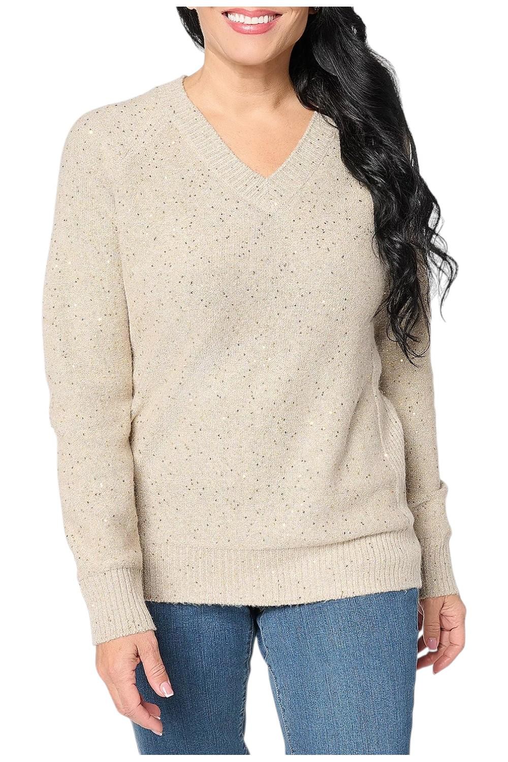 Jingle Belles by Kim Gravel Sugarplum Sparkle V-Neck Sweater Gold