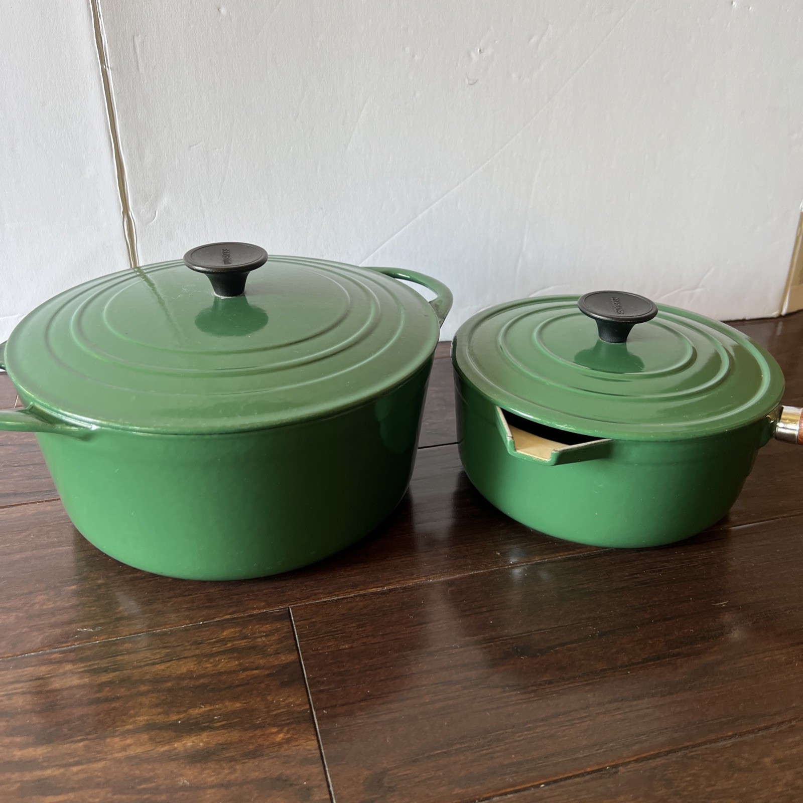 VTG Cousances Le Creuset Green Cast Iron 22 & 18 Set Dutch Oven 3.5 & 1.75 Qt