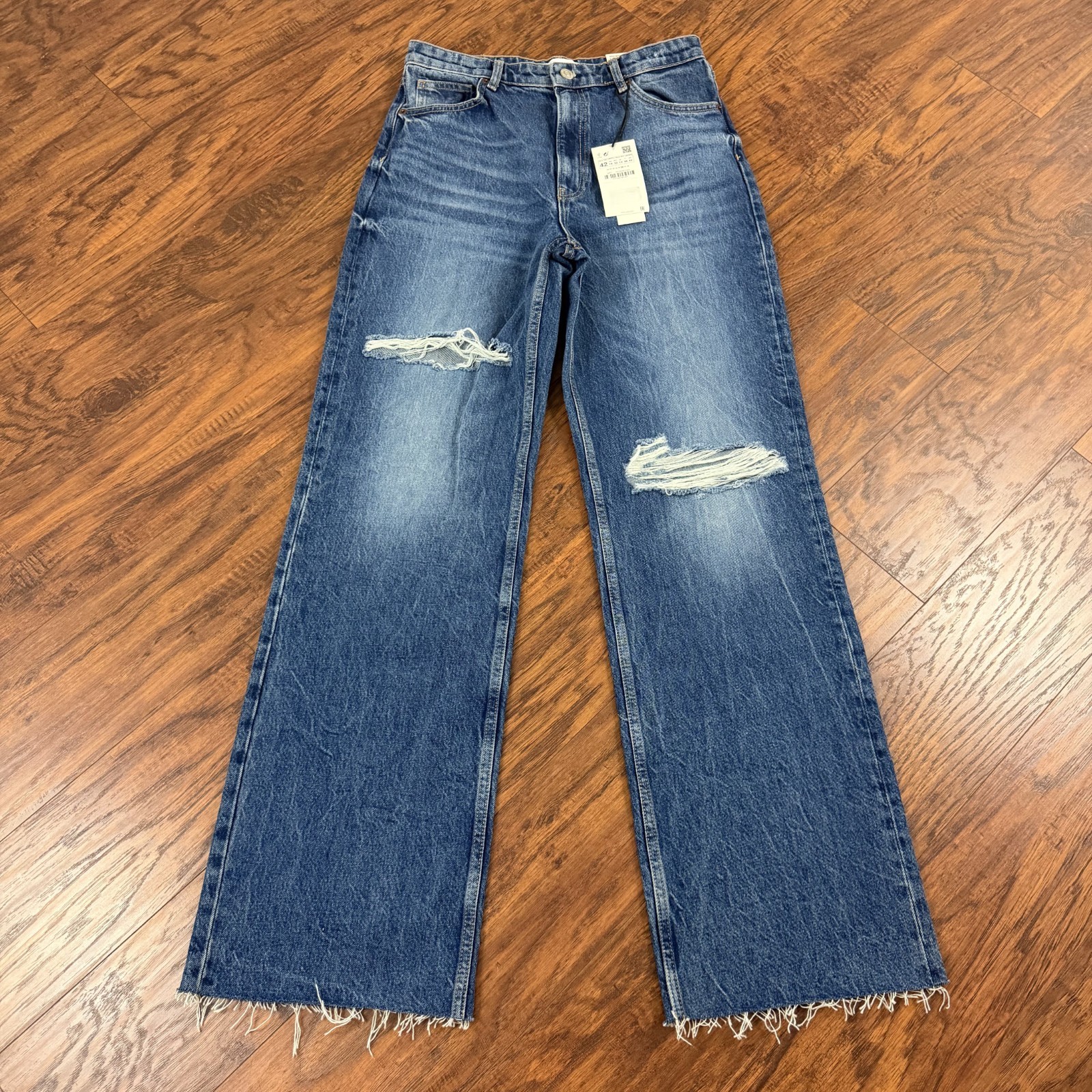 Zara Jeans Womens 10 Wide Leg High Rise Full Length Distressed Denim Fray 29x34