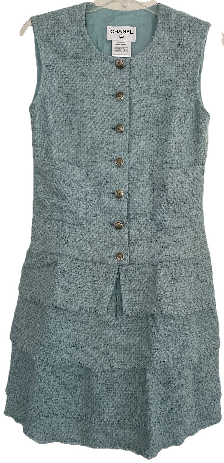 Chanel Size 38 Light Blue Tweed Dress SS 12 Sleeveless One Piece Layered Fringe