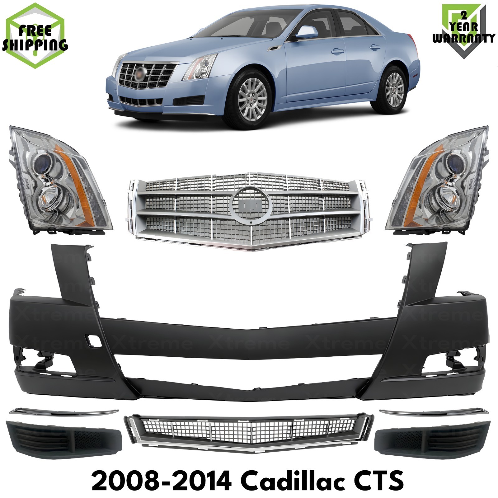 Front Bumper Cover Primed Plastic & Headlights Kit For 2008-2014 Cadillac CTS