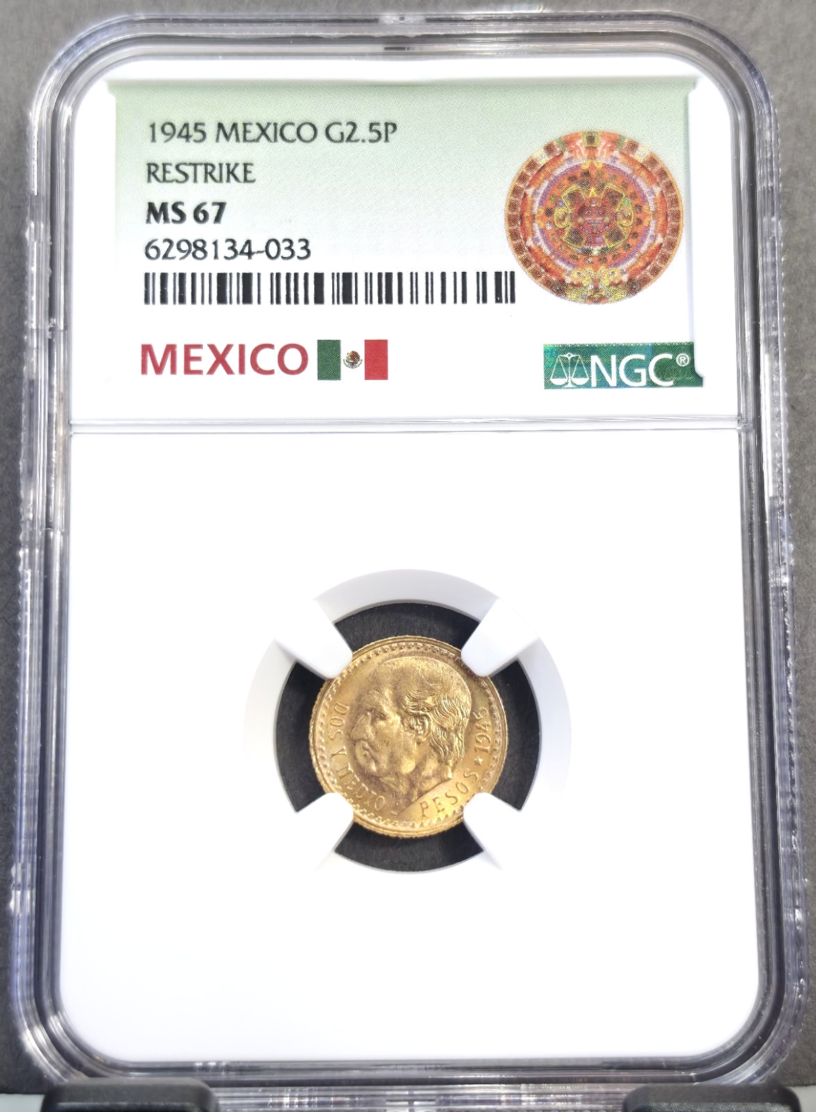 1945 MEXICO GOLD 2.5 PESOS G2.5P HIDALGO NGC MS 67 RARE BLAZING GEM LUSTER 1945 MEXICO GOLD 2.5 PESOS G2.5P HIDALGO NGC MS 67 RARE BLAZING GEM LUSTER