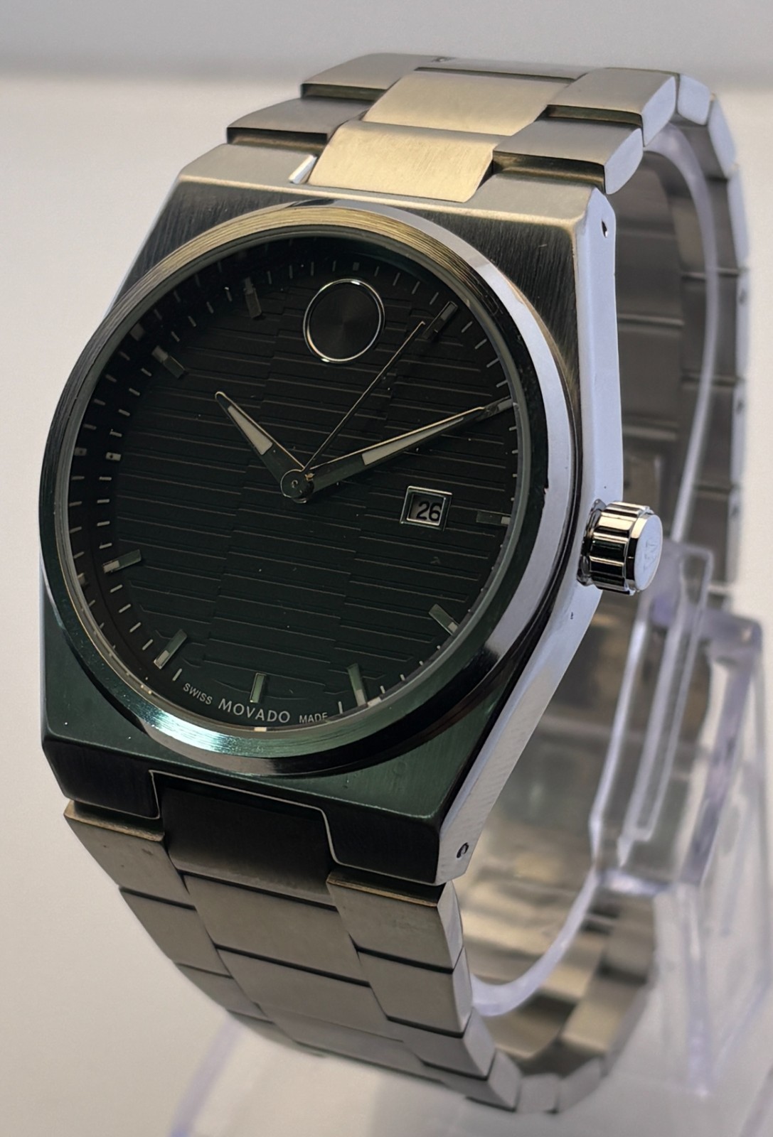 Refurbished Men\'s Movado Bold Quartz Black Dial Stainless Steel Date Wristwatch
