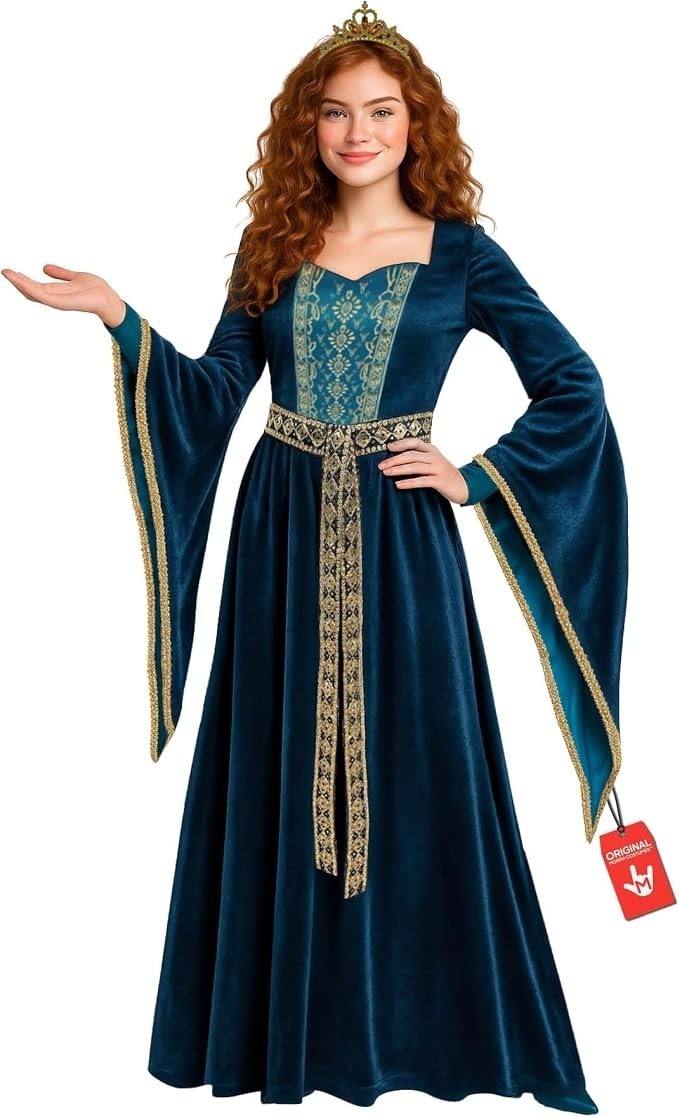 Women`s Renaissance Costume Adult Blue Medieval Princess Dress S - XXL Halloween