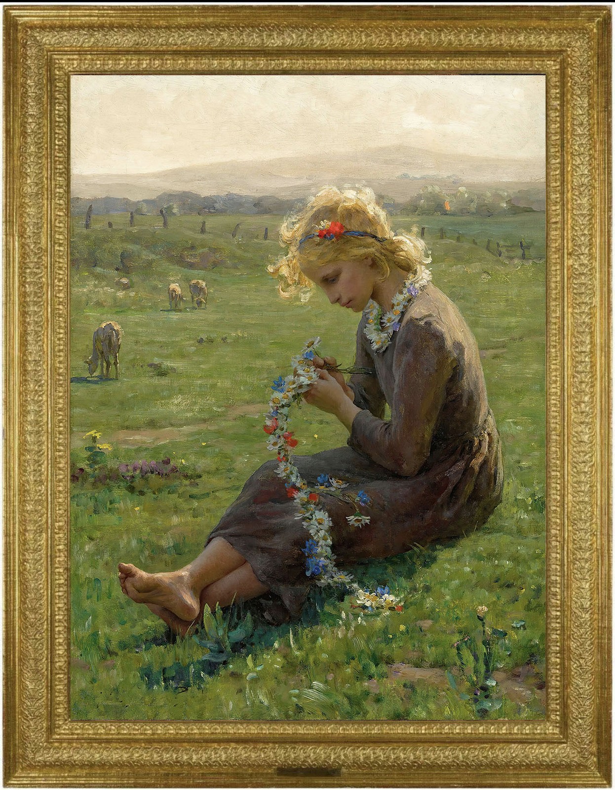 Hand Painted Classical Oil Painting Girl in a Field of Flowers Art Vintage Style