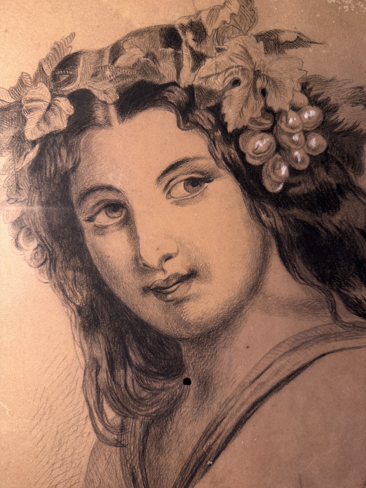 Antique 1874 Victorian Signed Original Drawing Bacchus Classical Portrait Framed