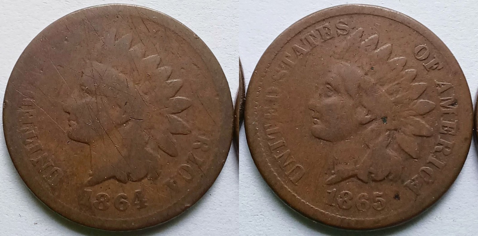 1864 + 1865 Indian Head Cents AG/G+, Two Better Date 1C Pennies 1864 + 1865 Indian Head Cents AG/G+, Two Better Date 1C Pennies