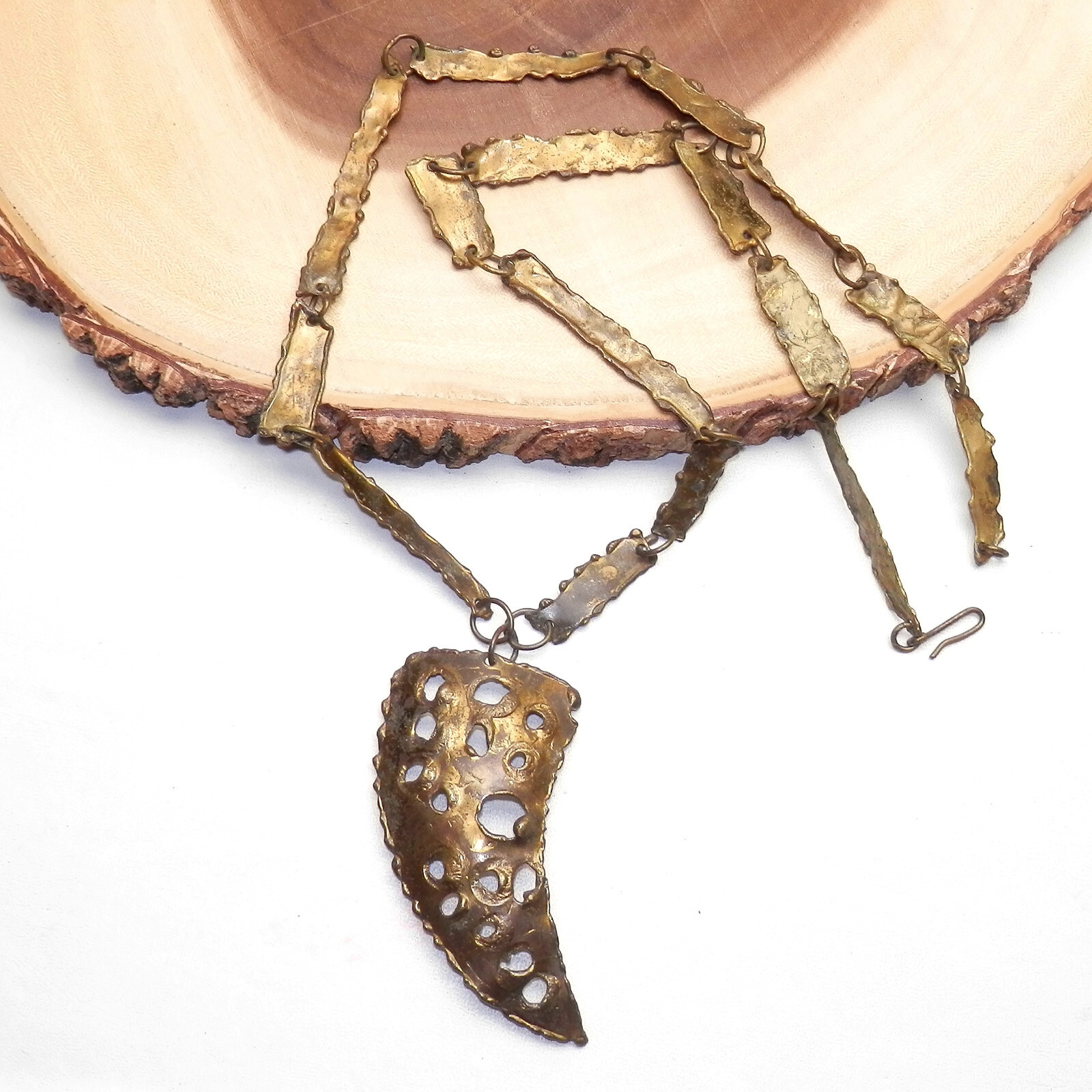 Vintage Artisan Large Brass Brutalist Geometric Statement Necklace 34.5 In Long Vintage Artisan Large Brass Brutalist Geometric Statement Necklace 34.5 In Long
