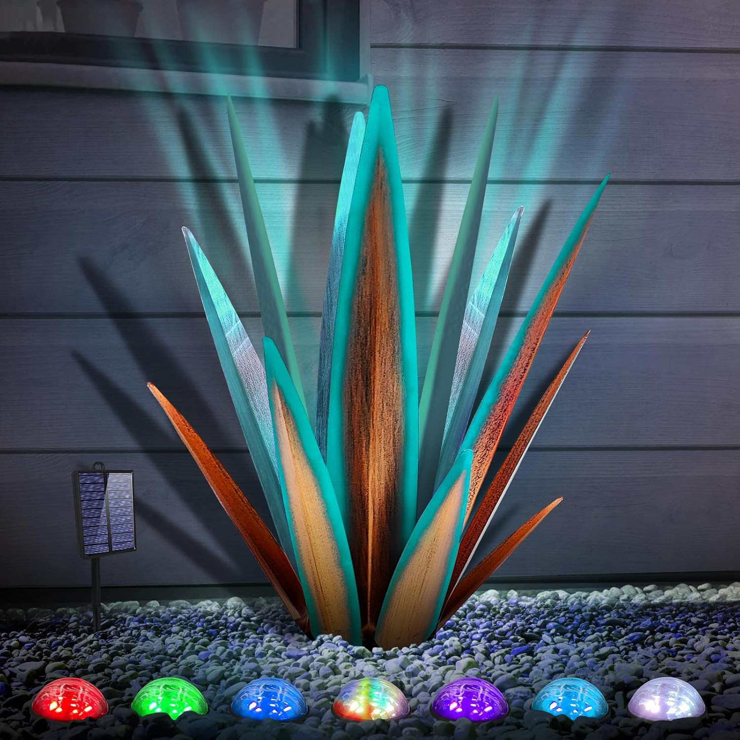 Escultura de Agave de Metal Azul con Luz Solar de Tequila para Jardin y Patio