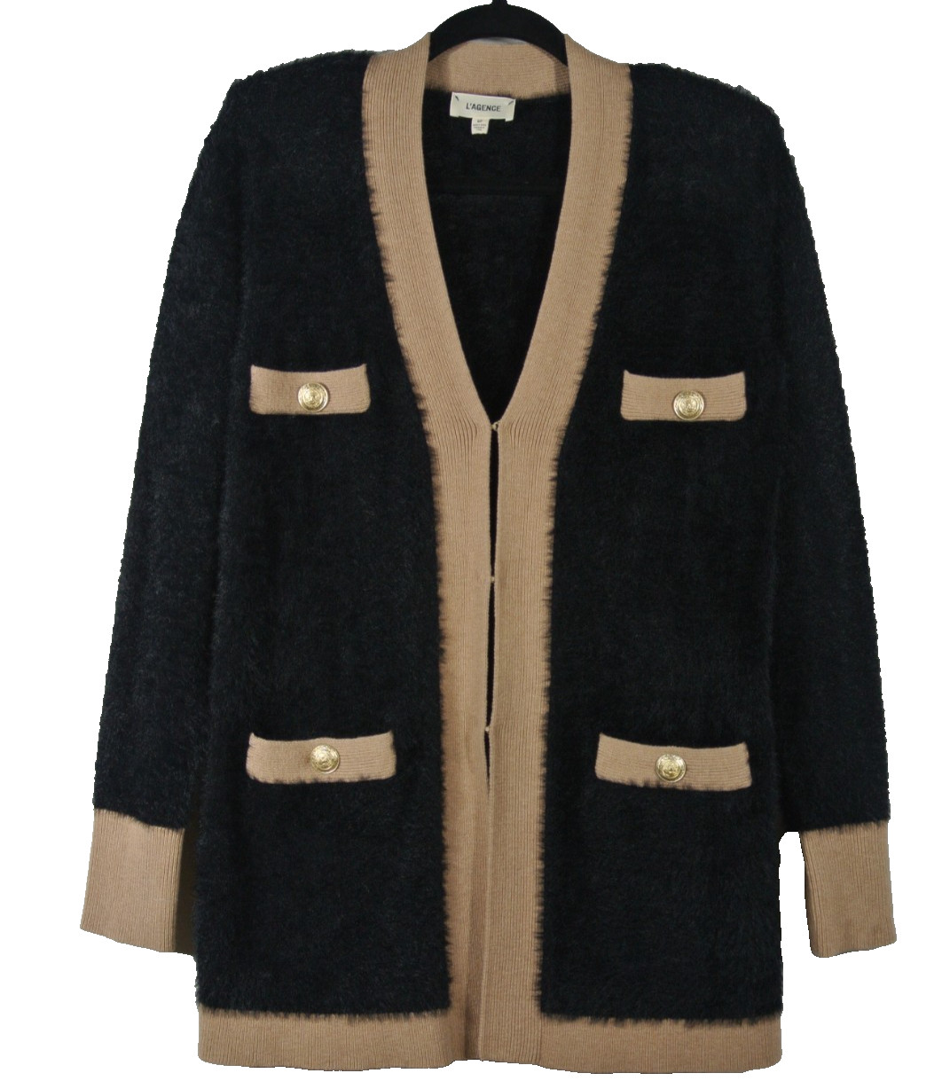 New, L\'AGENCE Elin 4-Pocket Cardigan in Black/Brown Sz S #MD2617