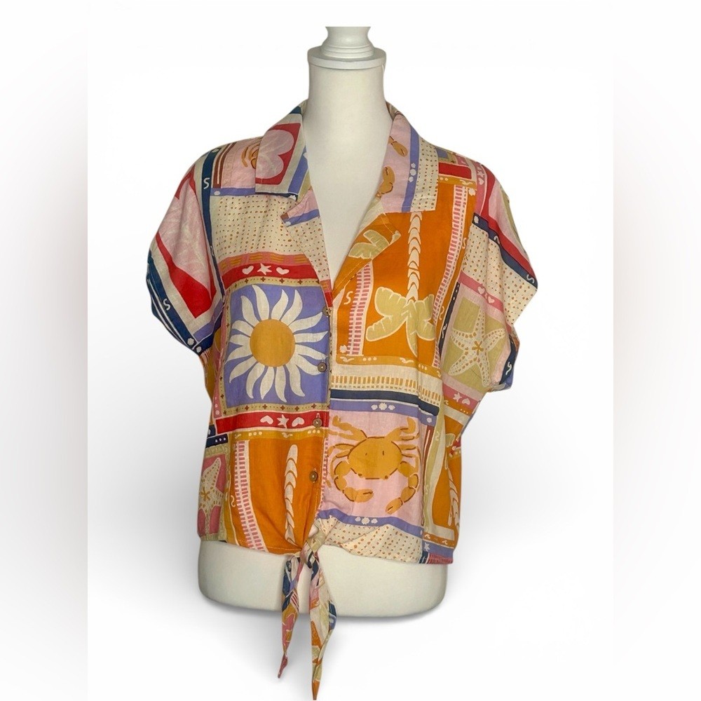 NWT C&C California Tropical Tie Front button down top size L Beach granny core